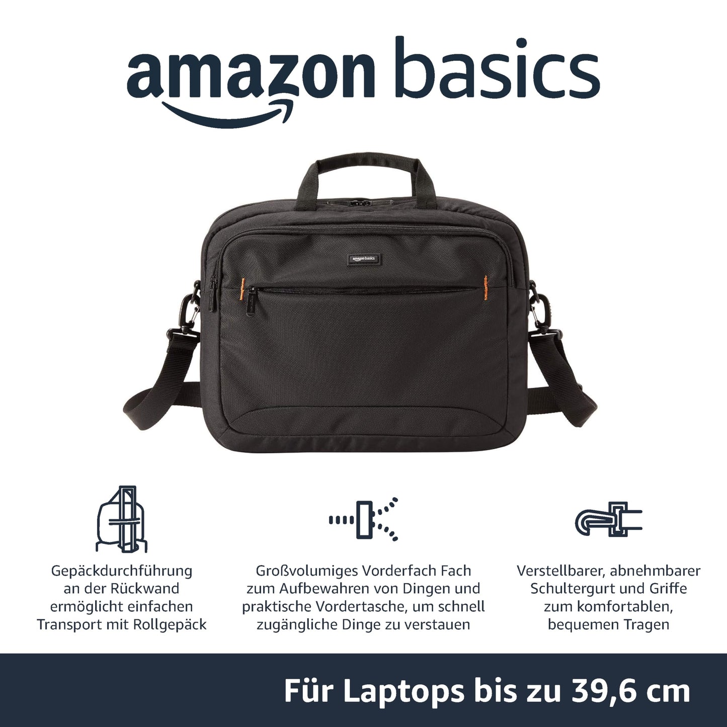 Amazon Basics Compact Laptop Bag, Shoulder/Carry Bag with accessory storage pockets, for laptops up to 15.6 inches (39.6 cm), Black, 1 piece