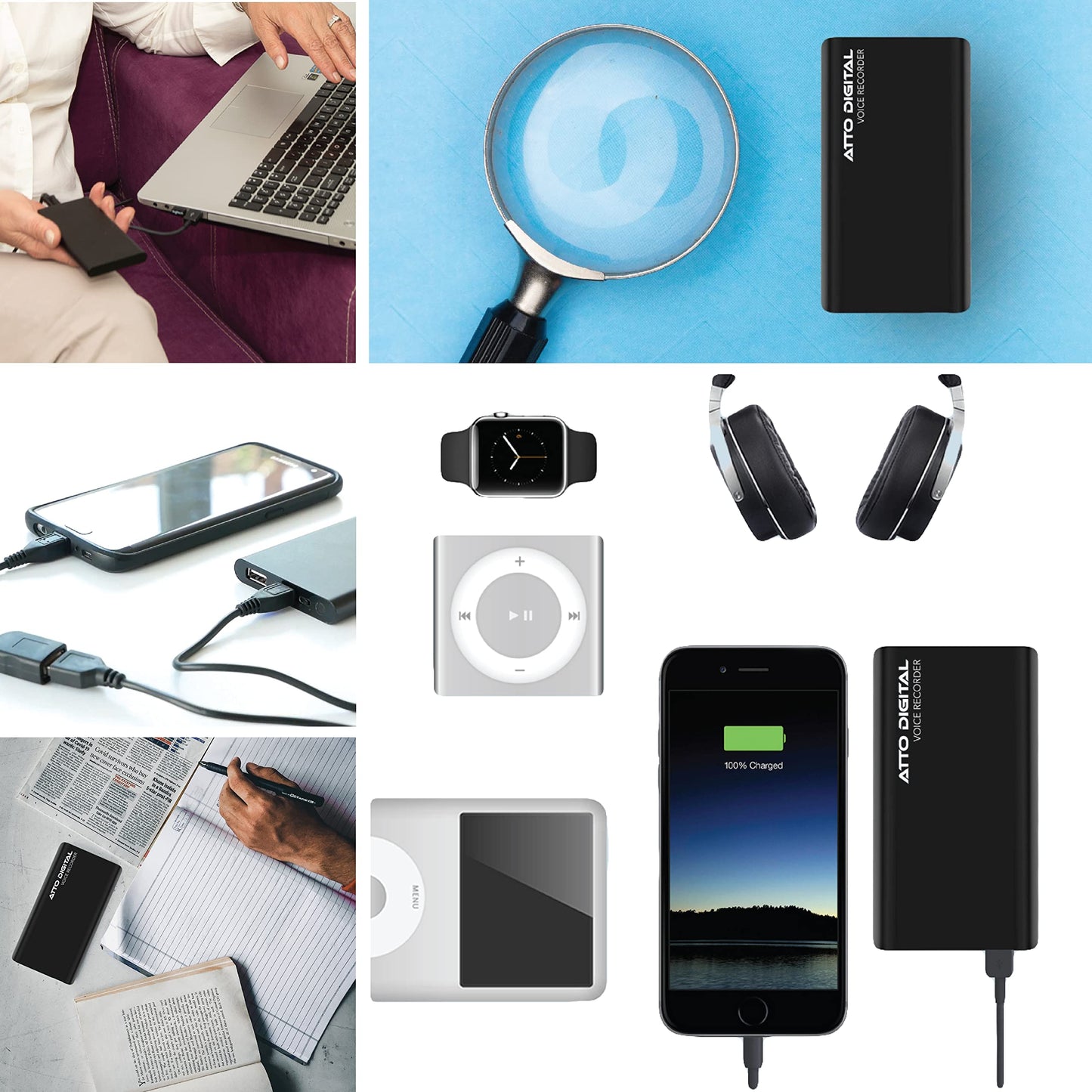 64GB Professional Recording Device - Voice Activation - 18 Days Operating Time - 11mm Thin - Power Bank Phone Charging Function - PoweREC by Atto Digital