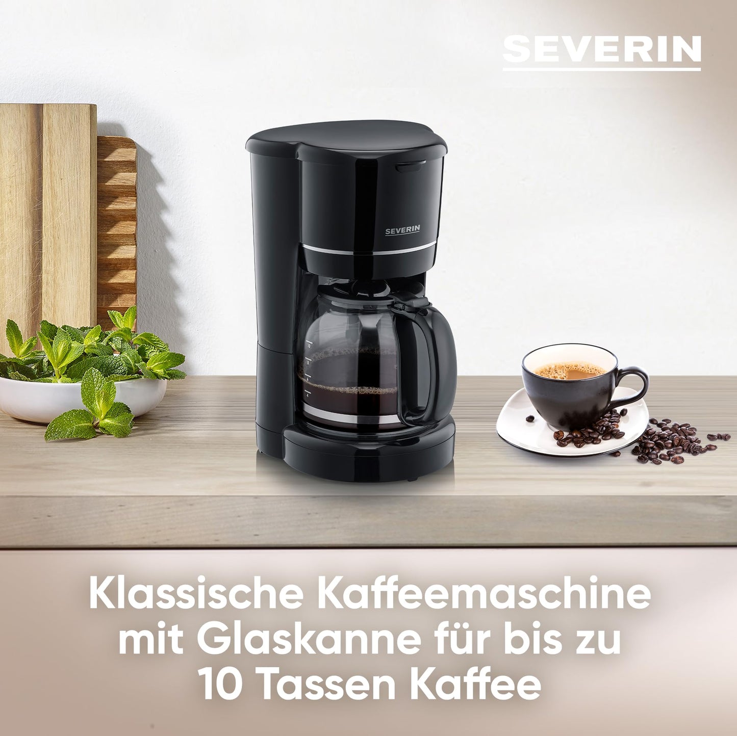 SEVERIN drip coffee maker with glass carafe, coffee machine for up to 10 cups, filter machine with glass carafe and permanent filter, black, KA 4320