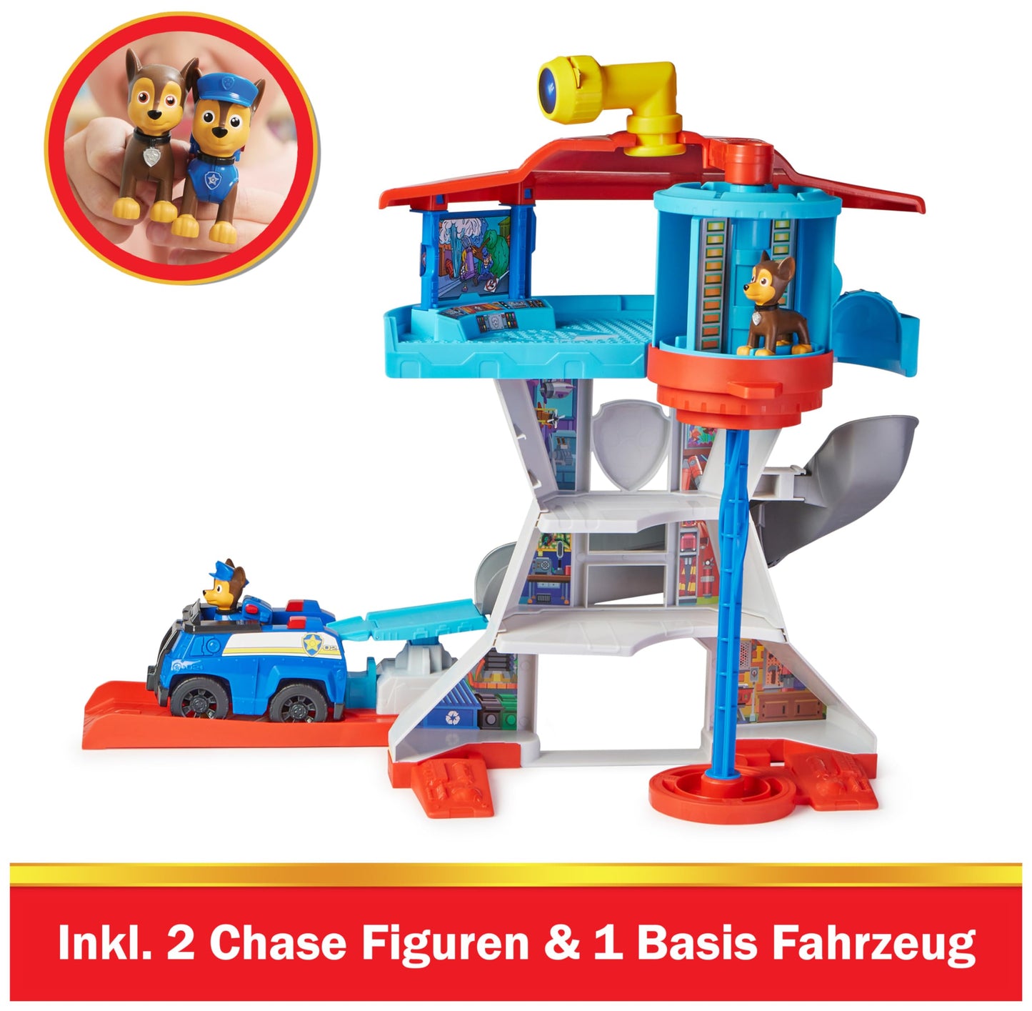 PAW Patrol Lookout Tower headquarters playset with 1 Chase vehicle base, 2 Chase figures, and accessories, suitable for children ages 3 and up.