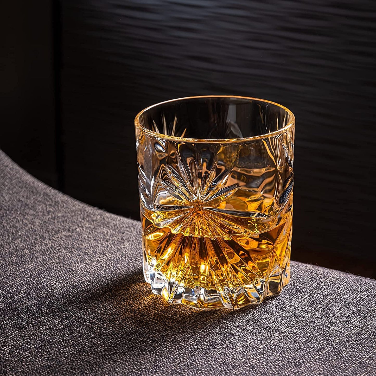 Whiskey Stones & Eco-Friendly Crystal Whisky Glass Gift Set - 6 Handcrafted Round Granite Chilling Stones - Whiskey Glass Soleil from Europe (315 ml) - Hardwood Tray - Gift Box By Rocks