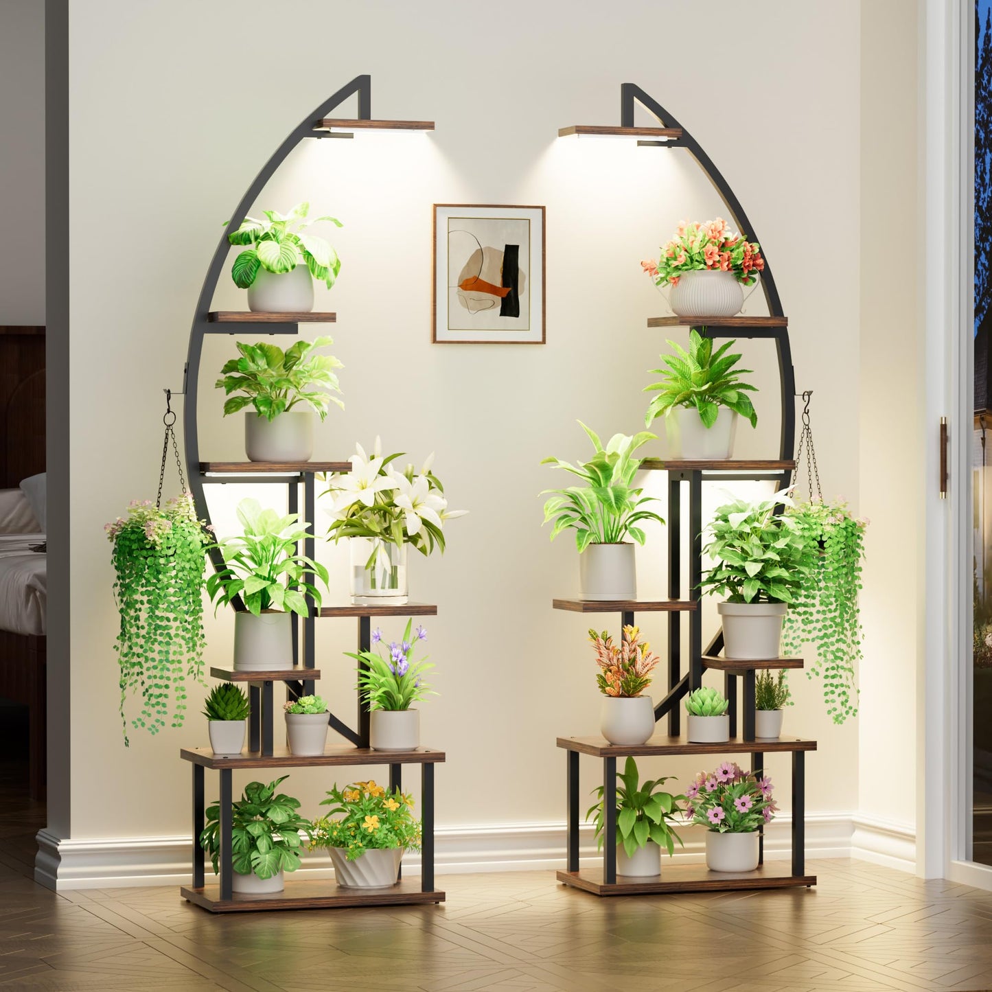 BACEKOLL Plant Stand with Grow Light - 7 Tier Flower Stand 165cm Metal Wood Plant Shelf - Indoor & Outdoor Flower Ladder - Decorative Black Plant Stand for Interior Garden Balcony 2 PACK