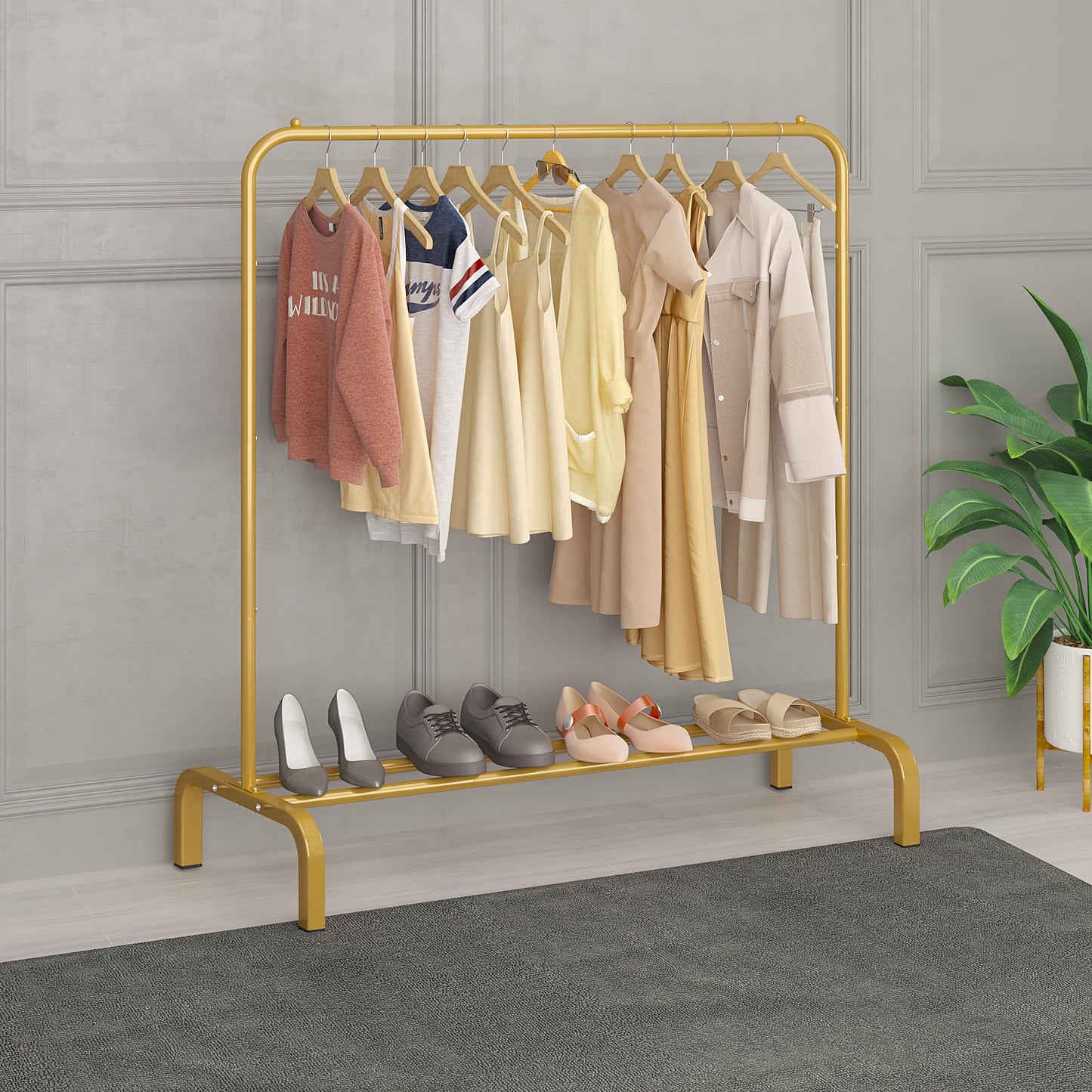 JIUYOTREE Garment Rack 110 cm Metal Clothes Rail Coat Stand with Shelf for Coats, Skirts, Shirts, Sweaters, Gold