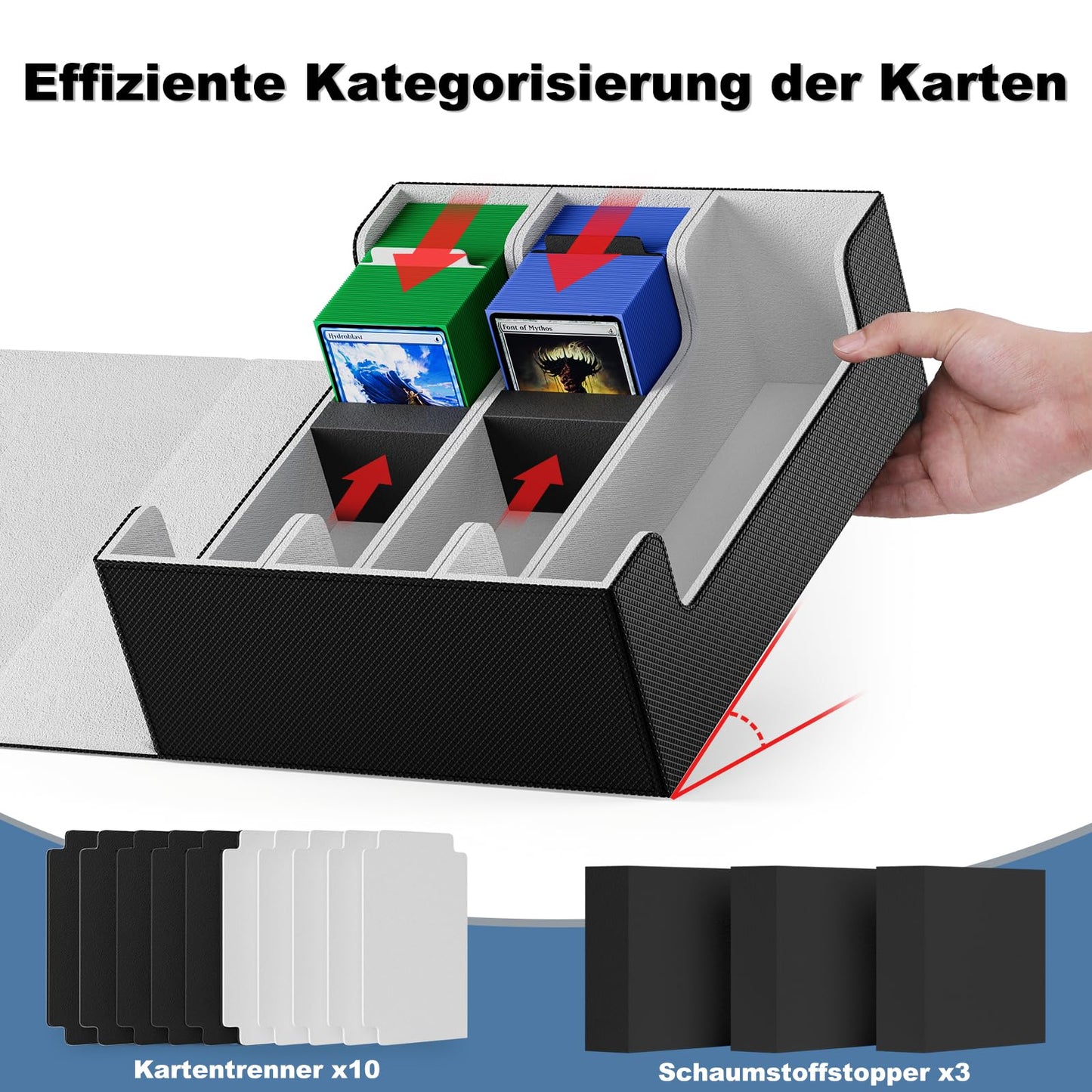 Mlikero card storage box holds 1800+ cards, magnetic deck box fits MTG and sports cards, premium Commander deck box with 10 compatible card dividers.