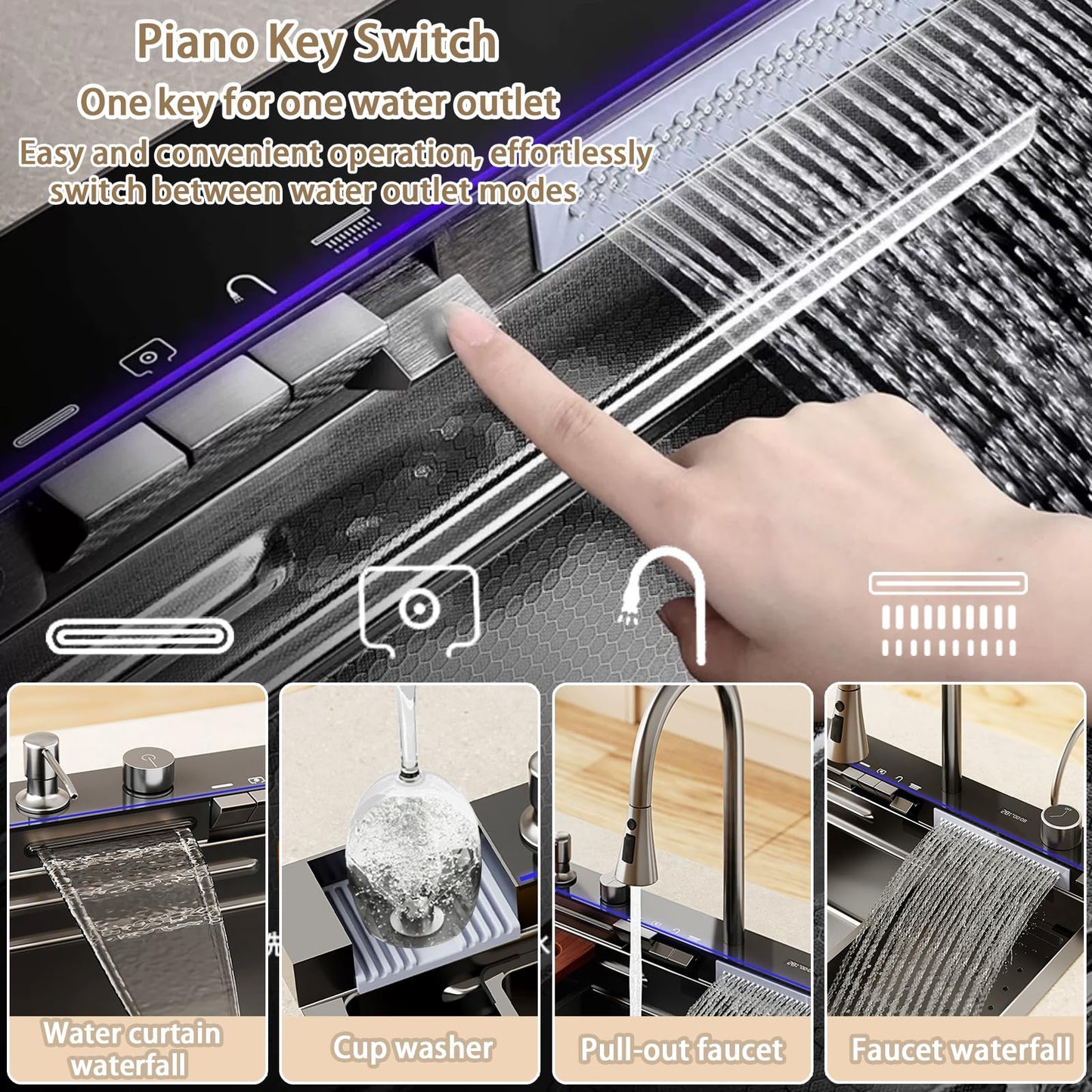 Ribanedy Multifunctional Digital Kitchen Sink, Waterfall Sink made of 304 Stainless Steel, with 5 Water Outlet Modes, Waterfall Pull-out Faucet, Cup Cleaner, and other sink accessories set (68 X 46 cm).