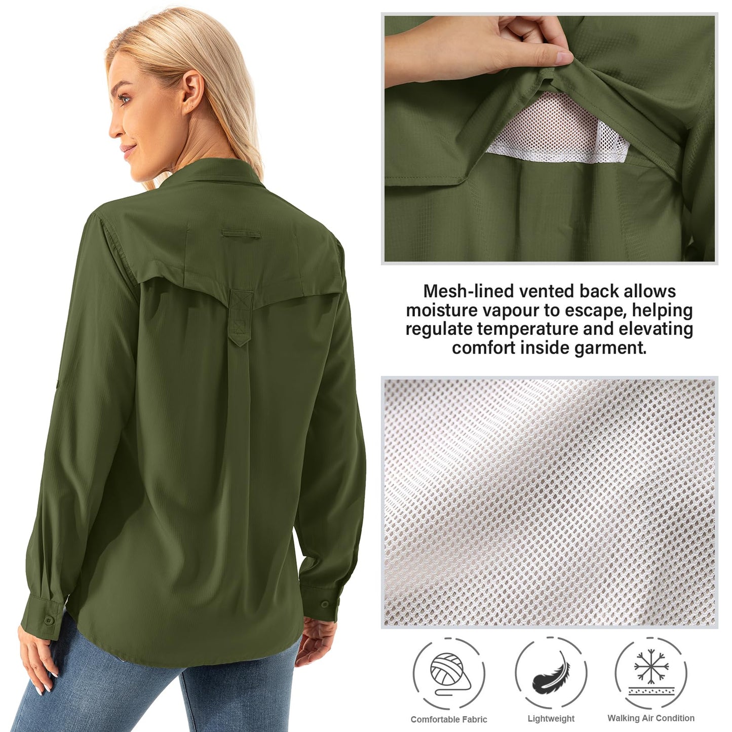 Asphyxiated ladies button-down UV shirt UPF 50+ safari clothing hiking blouse women outdoor cooling quick dry sun protection long sleeve airy shirt(5072 Army Green M)