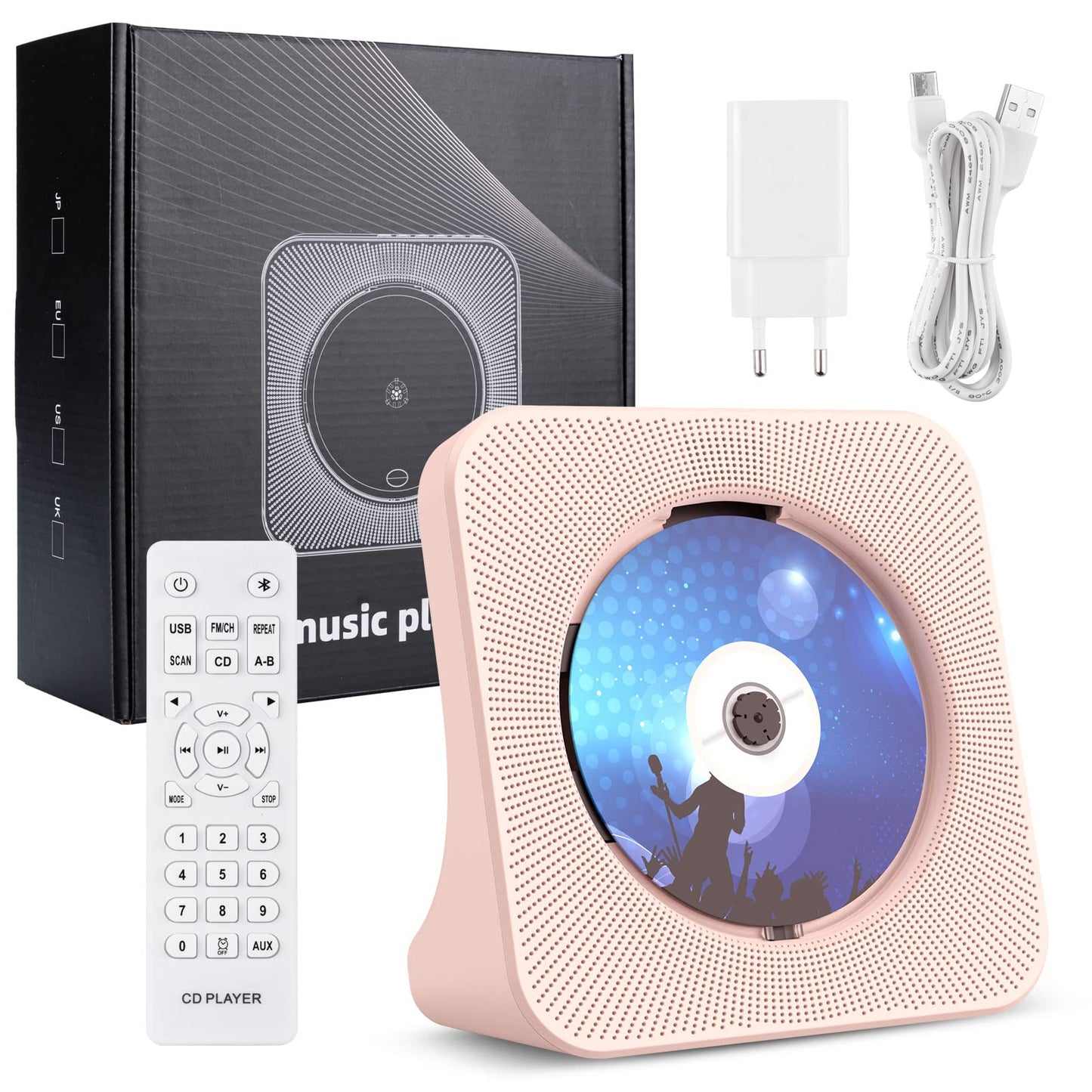 Gueray Portable CD Player with Bluetooth Desktop CD Player for Home Built-in Dual HiFi Speakers AUX Headphone Jack FM Radio Boombox with Remote Control USB Port LCD Display (Pink)
