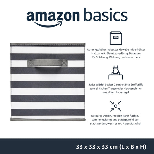 AmazonBasics Foldable Storage Cube/Organizer made of fabric with handles, 33 cm x 33 cm x 33 cm, White/Grey Striped, 6 pack
