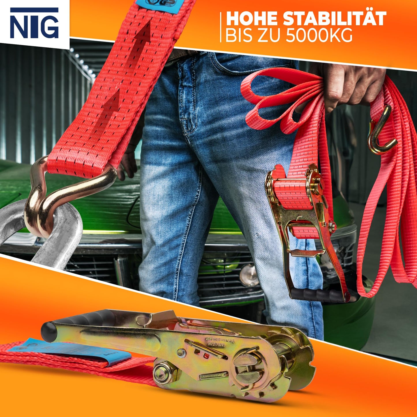 2 pieces | Lashing Straps | 6m | 5t (2500/5000 daN, kg) Weatherproof & robust ratchet straps | TÜV/GS certified | Two-piece | 50mm | with ratchet and hooks