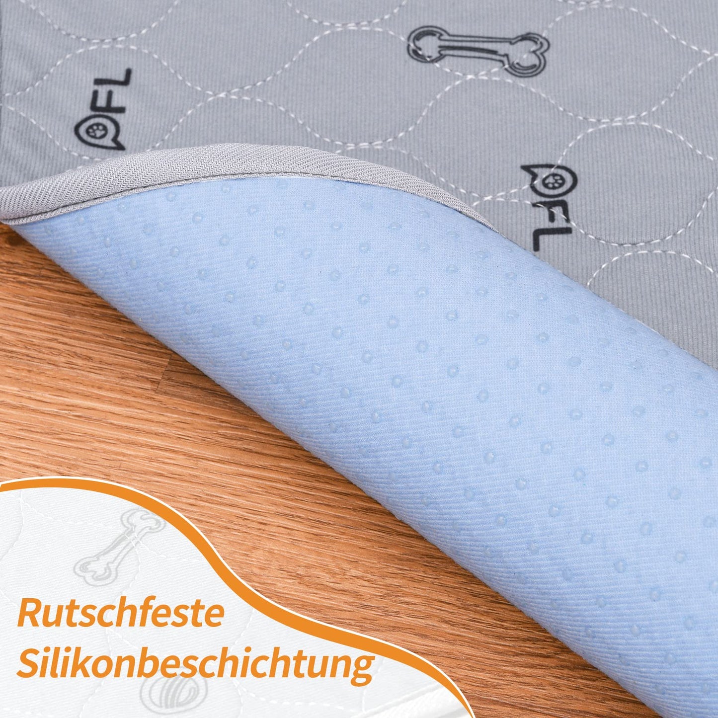 2 highly absorbent puppy pads, 122*122cm waterproof and washable puppy training pads, non-slip dog blanket for dog crate, sofa, and floor in grey color.
