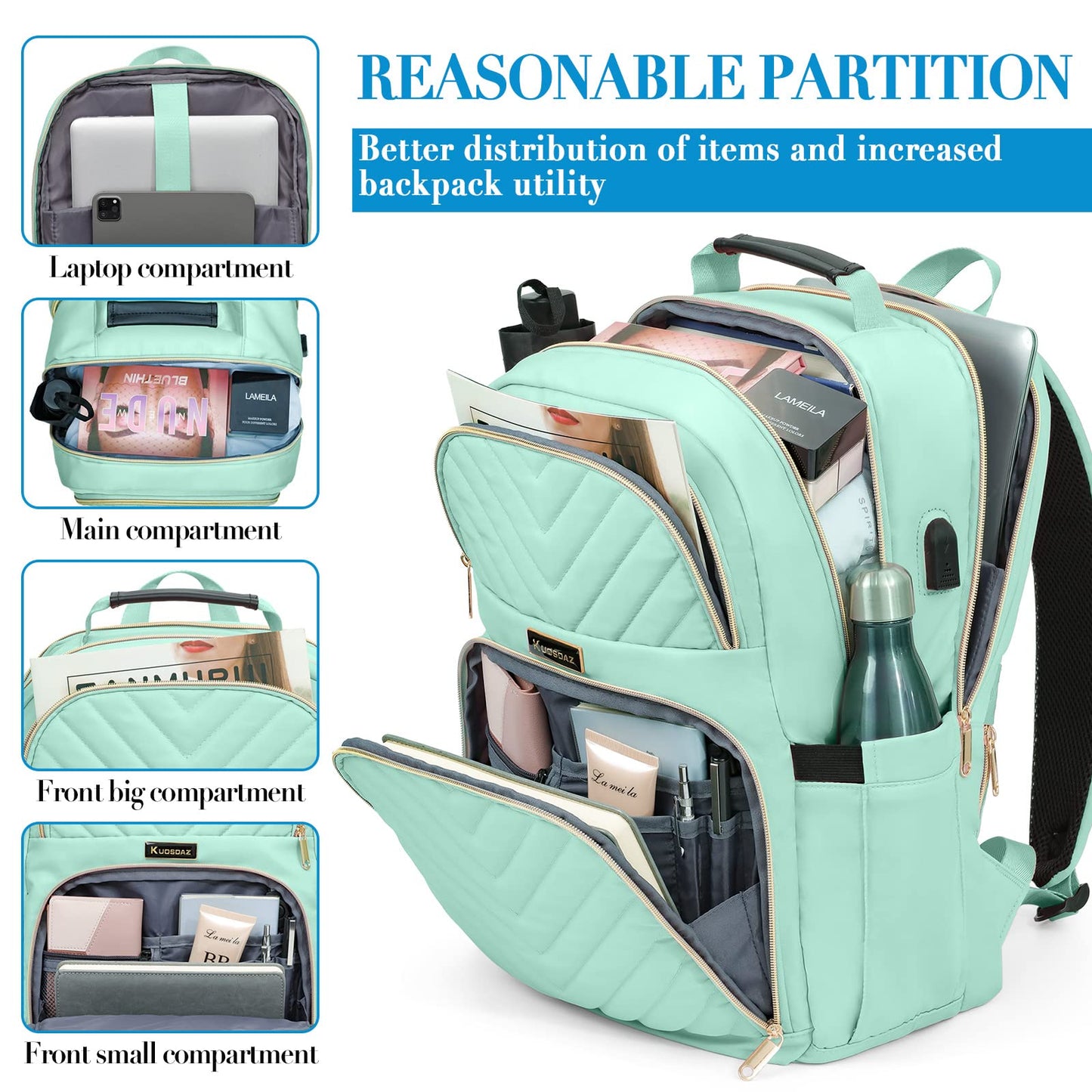 Kuosdaz Backpack Women 15.6 Inch, Large School Backpack Girls Teenager, with USB Charging Port for Laptop Work Waterproof Backpack, University, Travel, Business, Everyday, Women, School, Mint Green