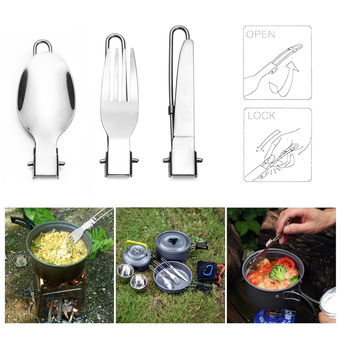 Odoland cookware set for 1-2 people, includes mini gas stove, portable aluminum pot, teapot, cups, foldable utensils. Perfect for camping, outdoor picnics, and hiking.