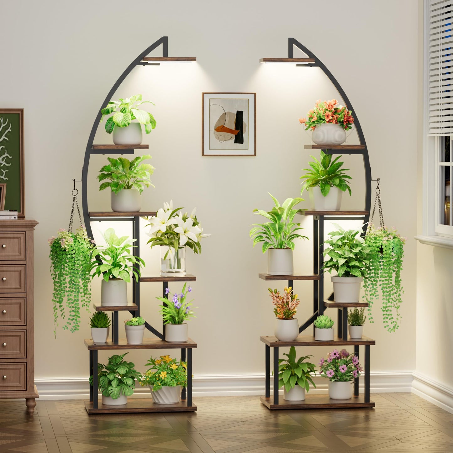 BACEKOLL Plant Stand with Grow Light - 7 Tier Flower Stand 165cm Metal Wood Plant Shelf - Indoor & Outdoor Flower Ladder - Decorative Black Plant Stand for Interior Garden Balcony 2 PACK