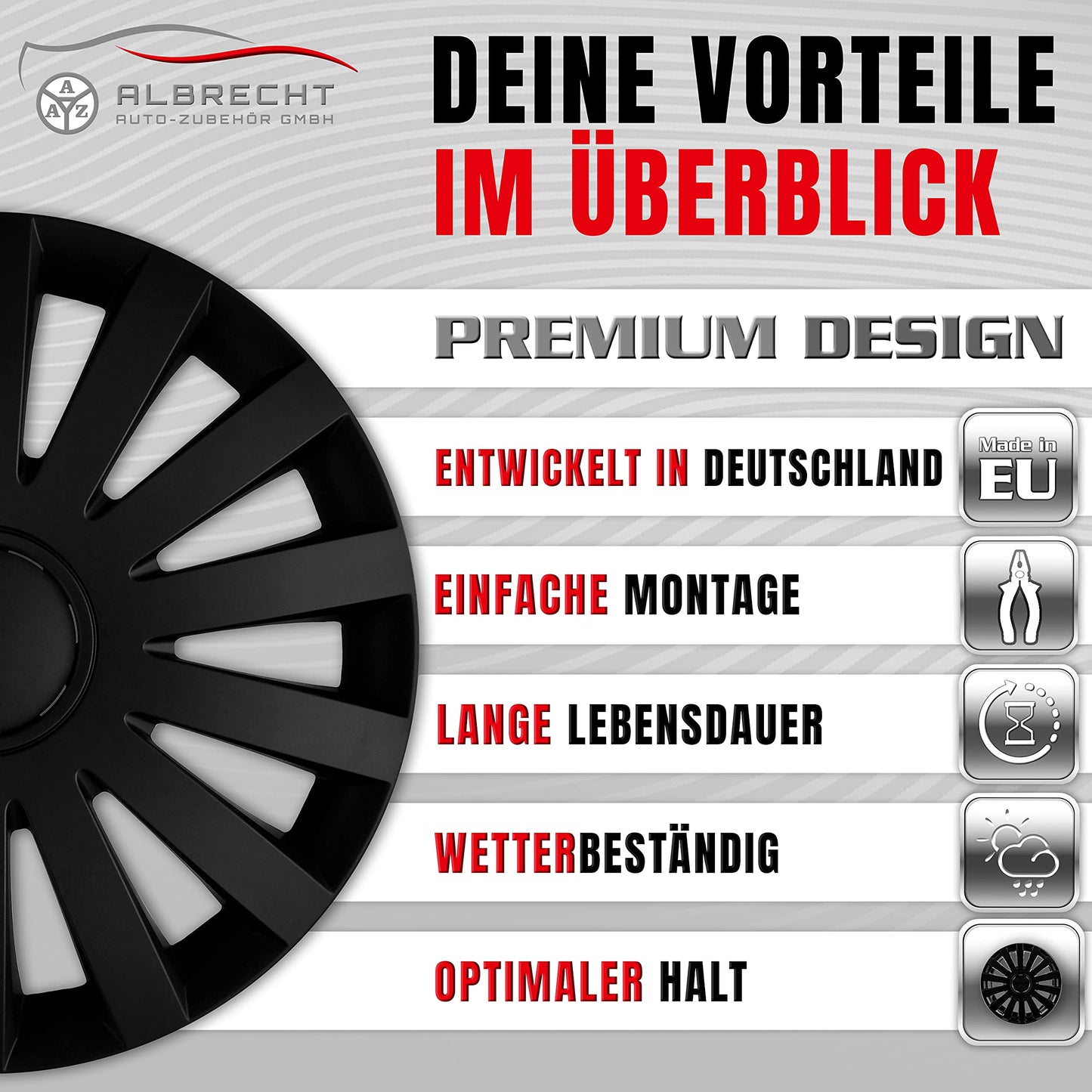 Albrecht 17 inch wheel covers in matte black for steel rims - Wind hubcaps made of high-quality plastic - Durable wheel covers in original Albrecht packaging - Made in EU