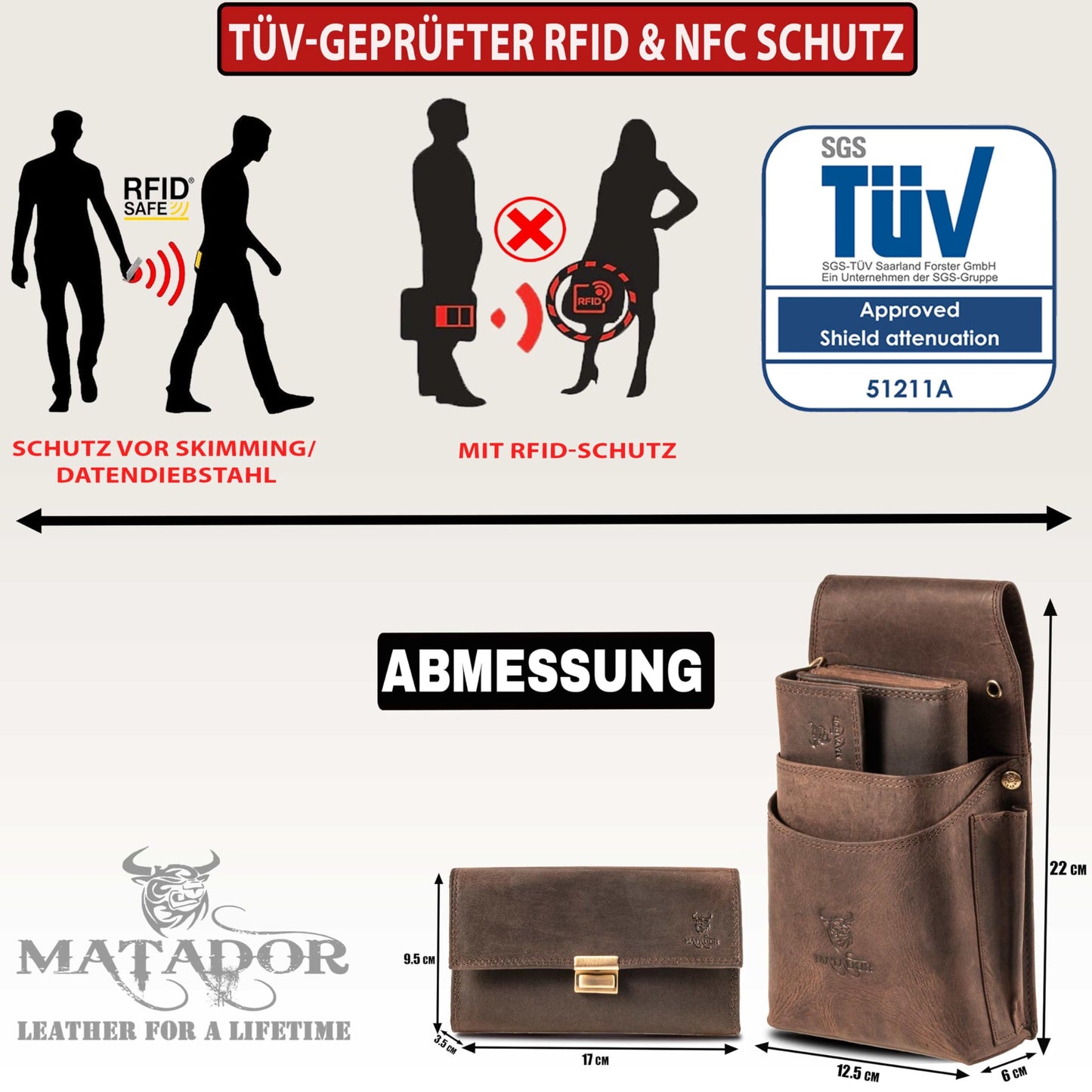 MATADOR waiter's purse leather #VICIO incl. XXL waiter bag with belt loop, luxury waiter wallet leather with elegant gift box and RFID protection incl. sturdy metal chain, Dark Brown