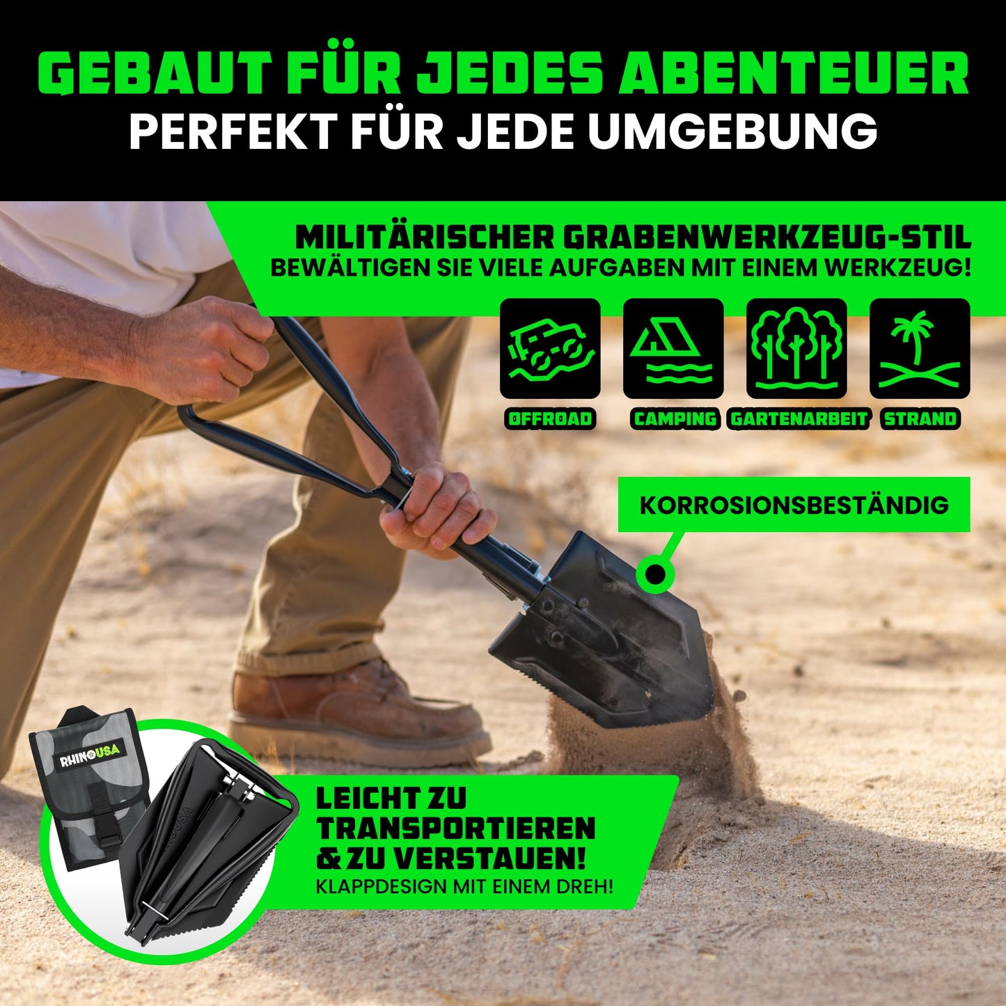 Rhino USA Folding Shovel with Pick for Survival Gear - Carbon Steel Folding Shovel for Outdoor Equipment, Camping gear, as a garden shovel, beach shovel and snow shovel.