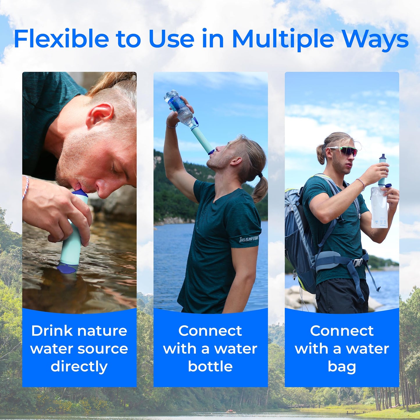 Waterdrop Water Filter Outdoor - Removes 99.99% of Bacteria, Survival Camping Filter System with Gravity Water Bag for Emergencies, Hiking, Travel (Light Blue)