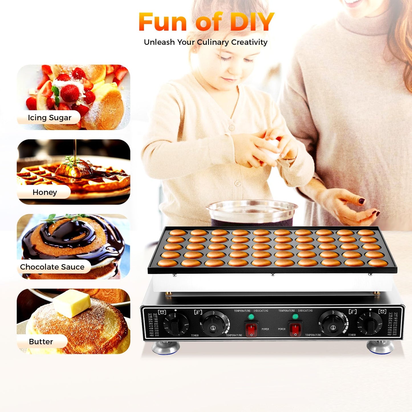 Holes Poffertjes Maker, 50 Holes Pancake Pan Mini Pancakes with 4 Cleaning Sponges 2 Brushes Whisk Food Clip