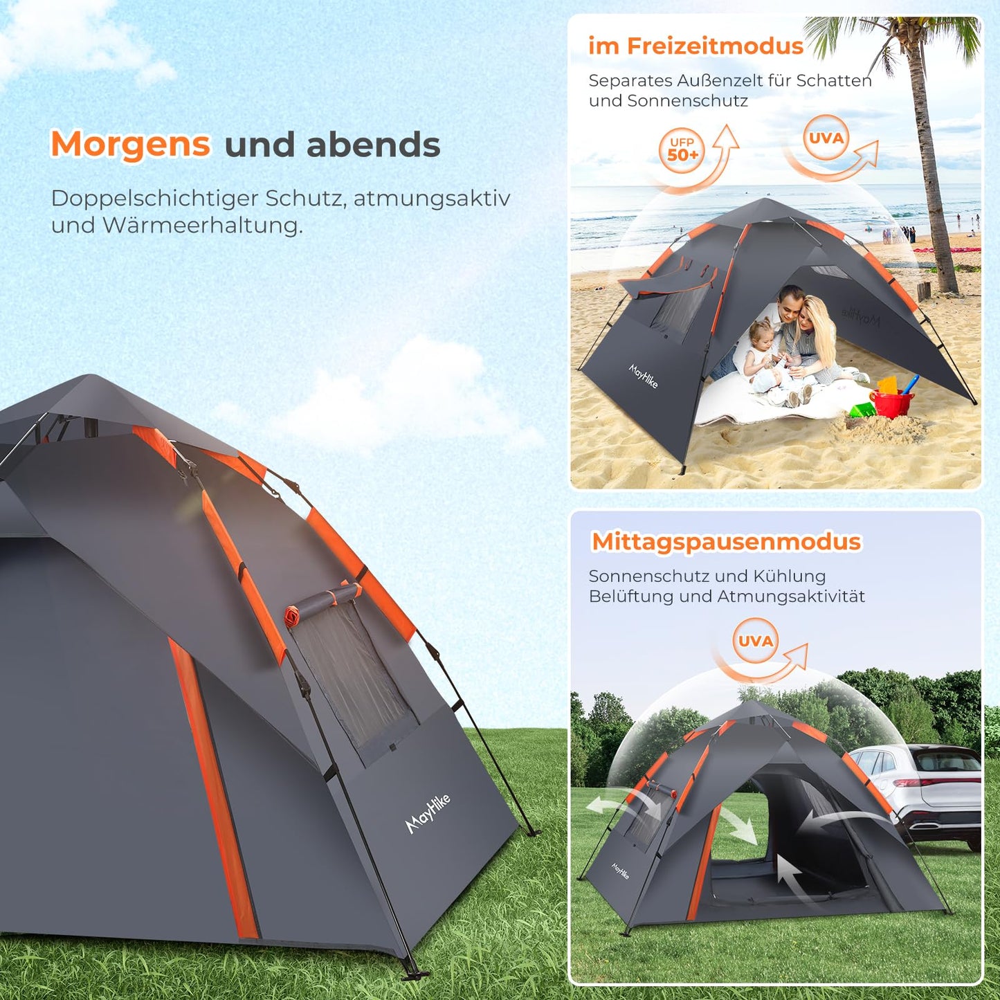 Pop-up camping tent for 2-4 people | 100% waterproof & wind-resistant family tent | 230x230x135 cm + 2 doors with ventilation mesh | Perfect for campsites & summer festivals | Includes tent bag