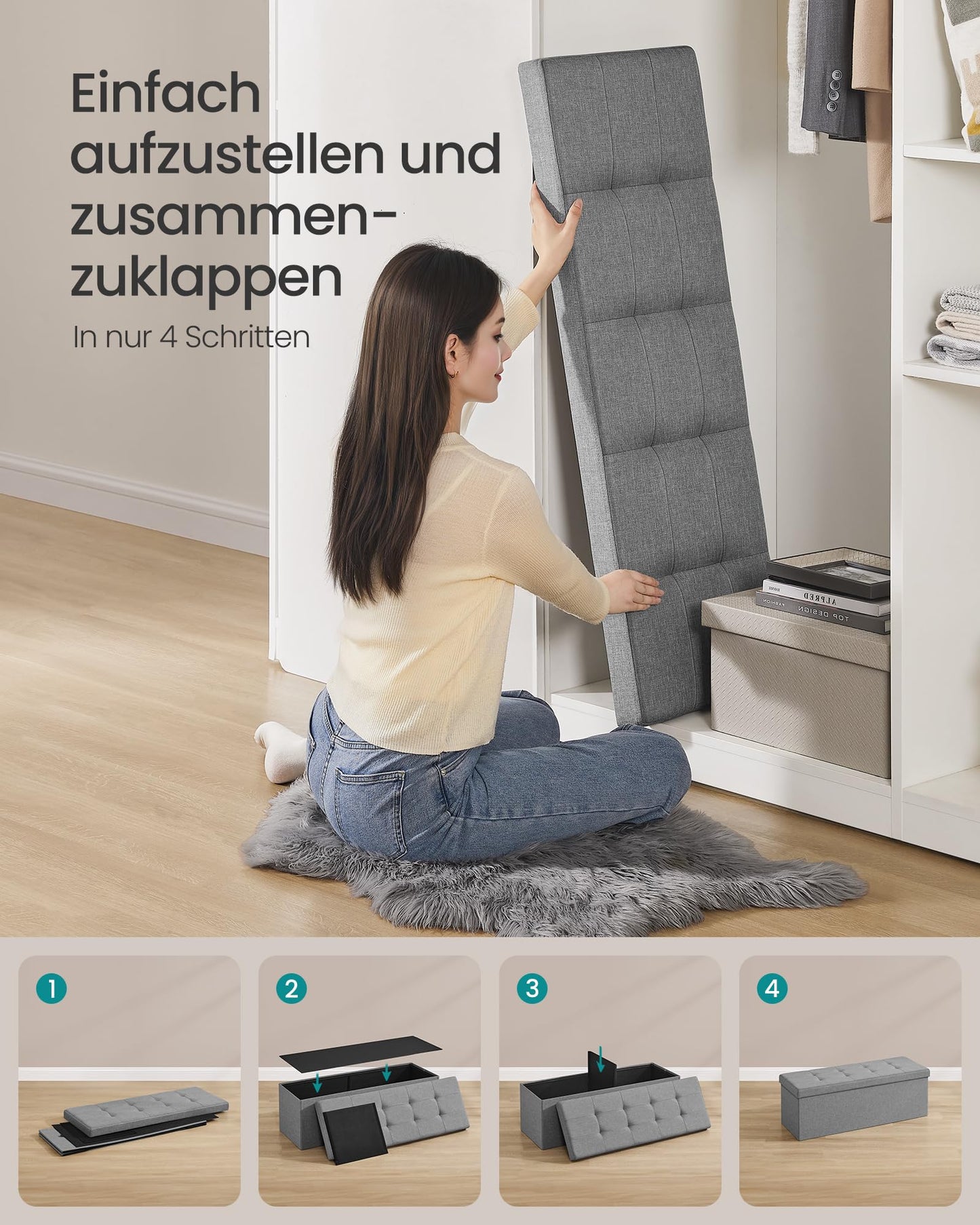 SONGMICS Storage Ottoman, Folding Bench, 38 x 110 x 38 cm Footrest, Storage Box, holds up to 300 kg, for Living Room Bedroom Hallway, Grey LSF77G