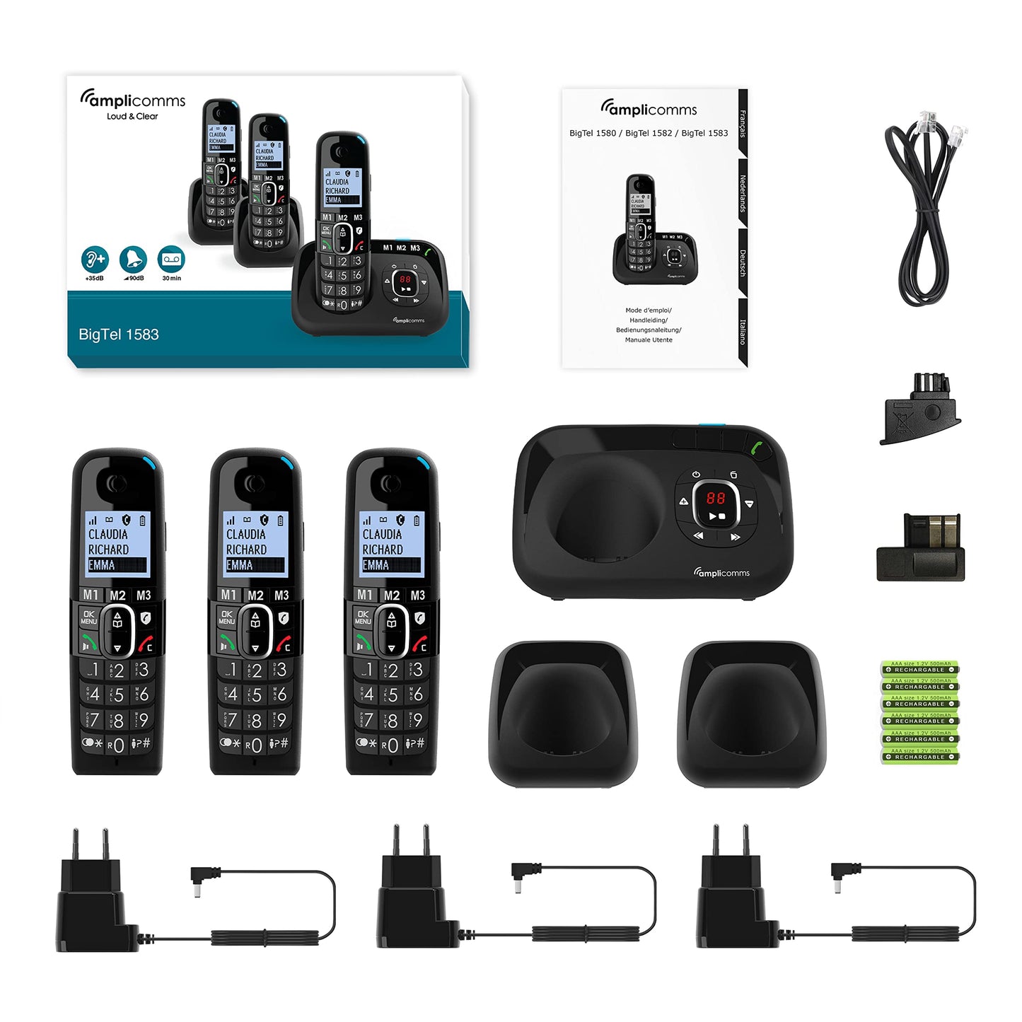 Amplicomms BigTel 1583 Trio cordless DECT big button phone, answering machine, THREE handsets, audio boost, loud ringtones, hearing aid compatible, call protection.