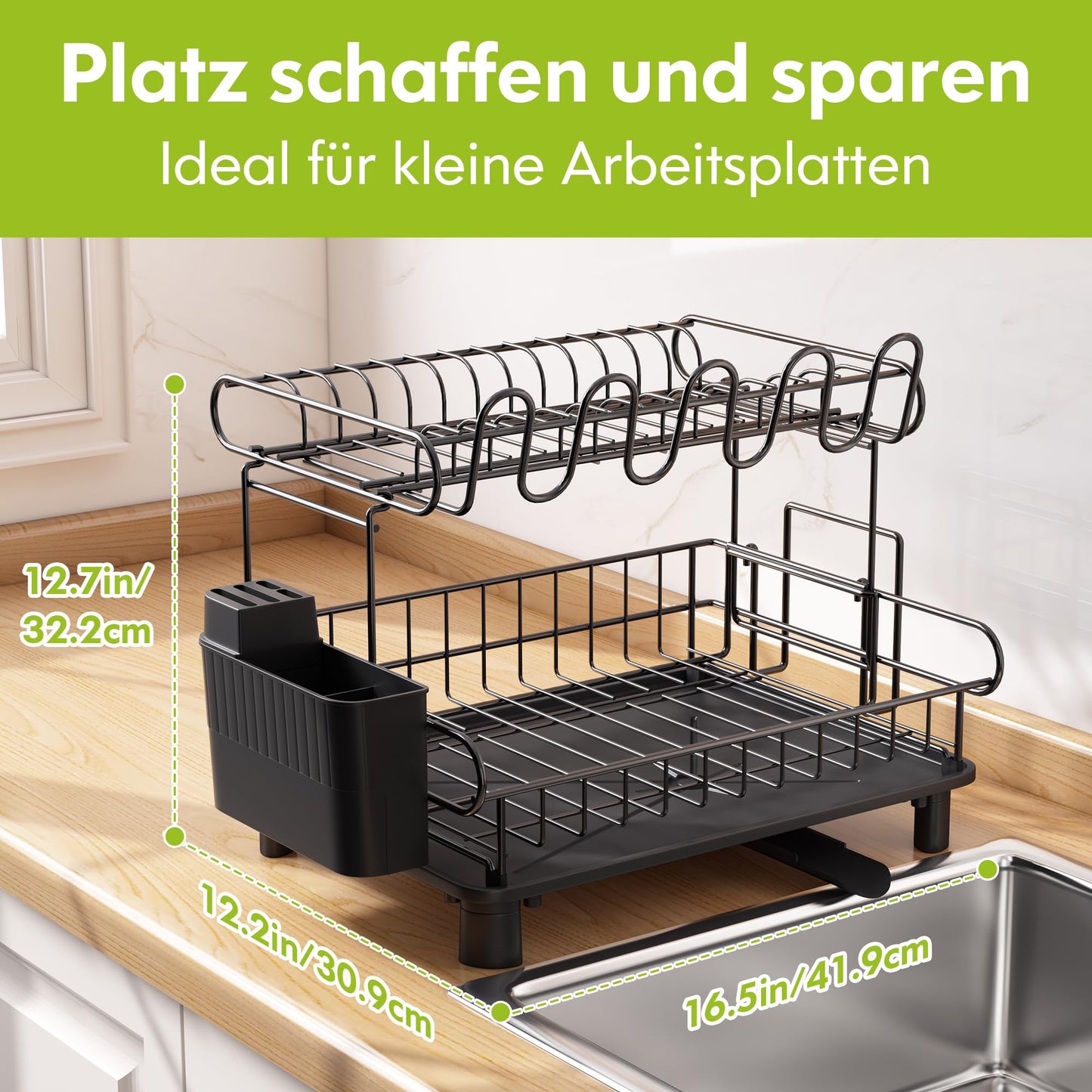 MAJALiS Dish Drying Rack, 2-Tier Dish Rack with Drip Tray, Stainless Steel Dish Rack with Utensil Holder, Rotating Spout, Black