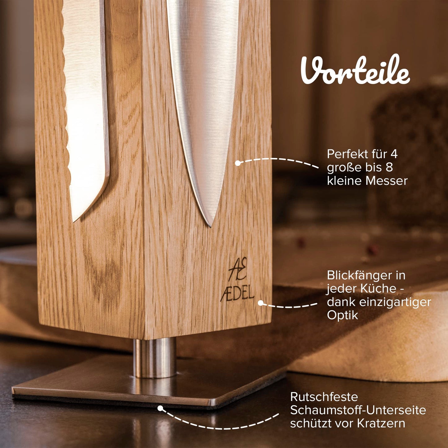AEDEL Design Premium Magnetic Knife Block Rotating 360 Degrees - Magnetic Knife Holder made of exquisite oak wood - Universal Magnetic Knife Holder Unfilled Wood