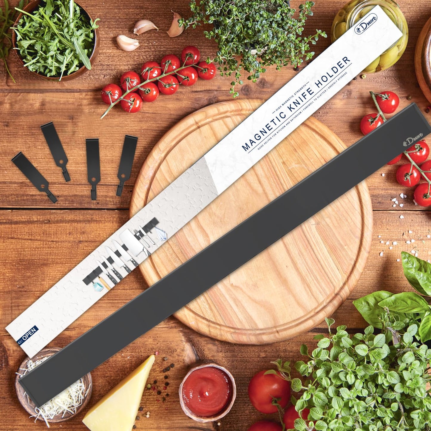 Dmore 50 cm magnetic knife strip with 4 hooks, black magnetic knife holder without drilling, strong magnet knife holder, includes adhesive tape and screws for knives, utensils, and tools.