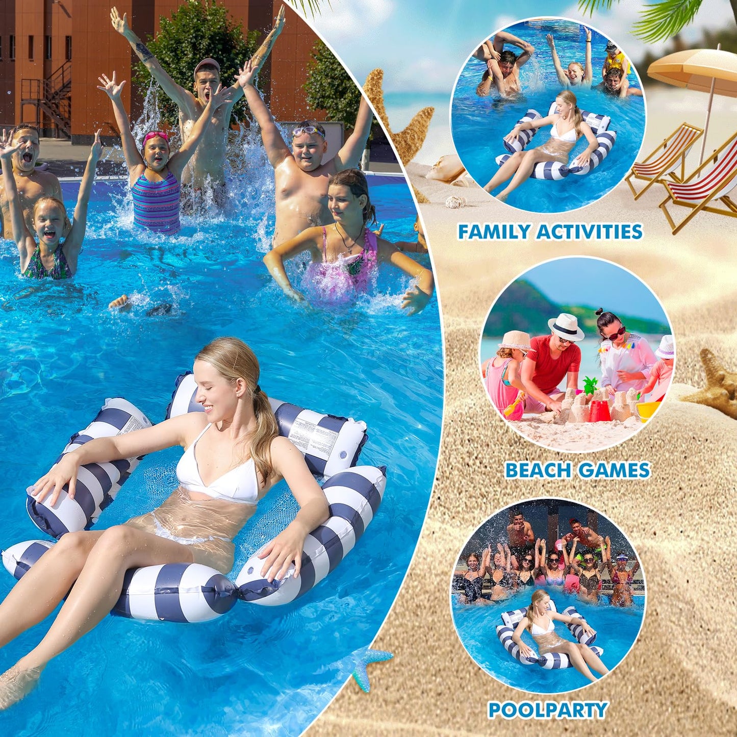 Inflatable pool float chair lounge for adults and kids, swimming, striped pattern float hammock for pool party summer water fun (Navy Blue+Light Blue+Pink)