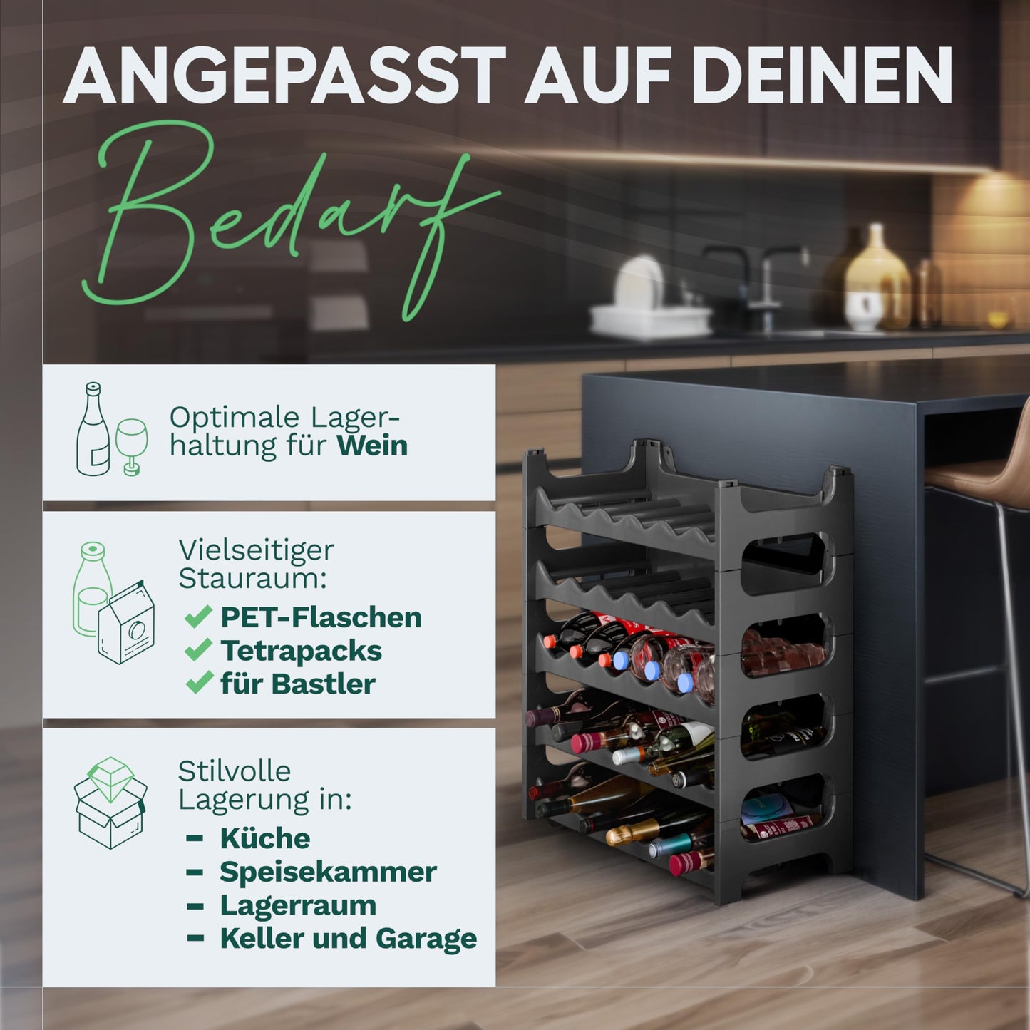 Novaliv Modular Bottle Rack for 72 wine bottles - plastic wine rack stackable, black, recycled, expandable, sturdy - perfect for wine storage in cellar, restaurants & home, beverage cabinet