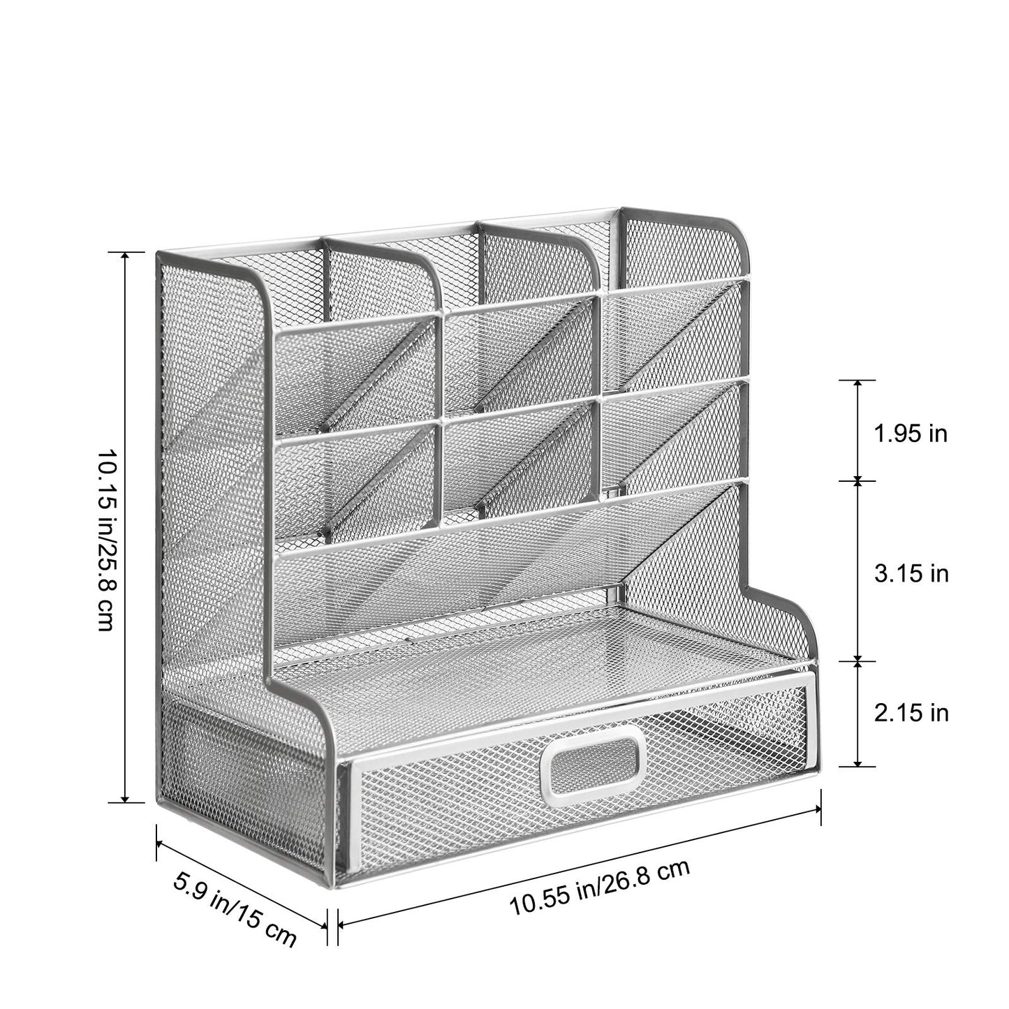 Marbrasse Mesh Desk Organizer, Multifunctional Pencil Holder, Desk Organizer, Storage Shelf for School and Home Office Supplies (Silver with Drawer)