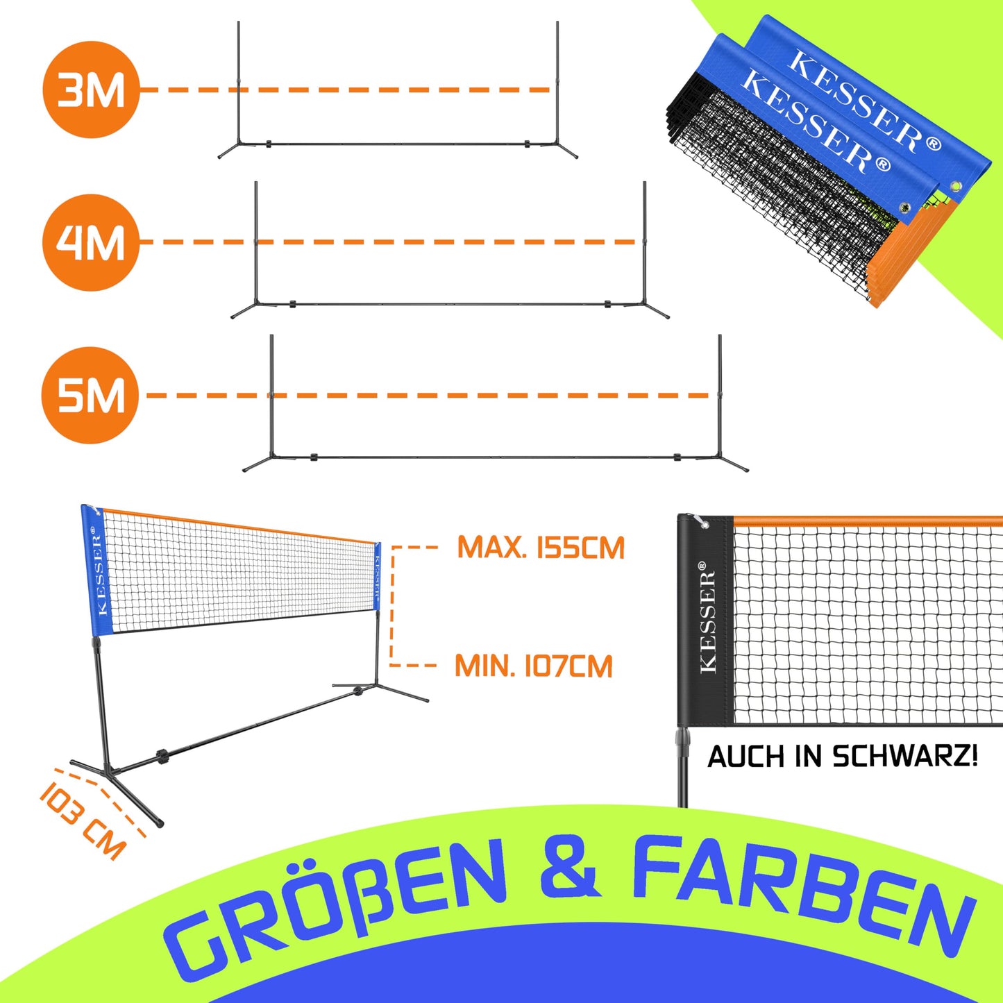 KESSER® Badminton Net Tennis Net | Badminton Net 3-Way Height Adjustable 107/120/155cm, sturdy frame, set with net, 3X shuttlecocks & 3X tennis balls, mounting accessories, carrying bag, indoor & outdoor