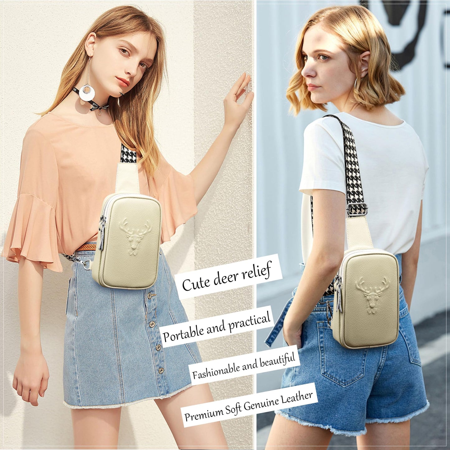 HUMEUHSU Beige Women's Chest Bag Small Shoulder Bag Sling Bag Leather Fanny Pack Wide Strap Women's Shoulder Bags Sweet and Stylish Relief Design for Outdoor Sports/Travel