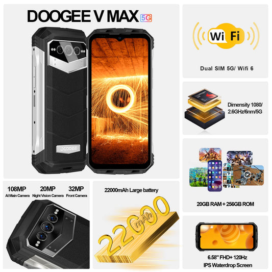DOOGEE VMAX 5G outdoor phone without contract, 20GB+256GB Dimensity 1080, 22000mAh large battery, 108MP camera, 6.6" FHD+ 120hz outdoor smartphone Android dual SIM IP68 waterproof OTG NFC.