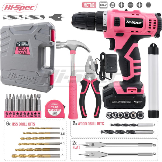 Hi-Spec 30-piece women's tool kit with 12V pink cordless drill, hammer, and screwdrivers - tool set for household, garden, & hobby.