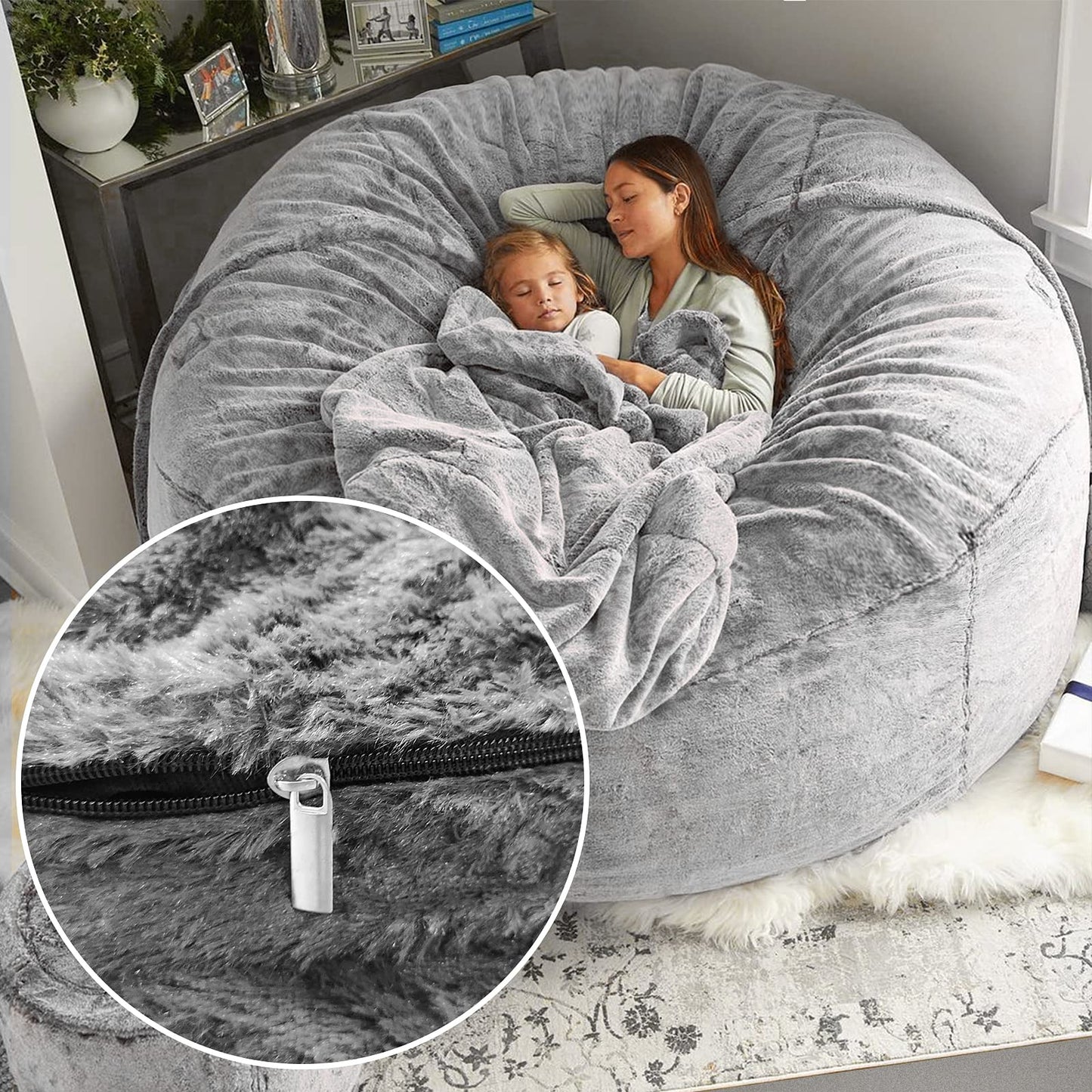 Cookit bean bag cover, chair cover, large, round, soft, fluffy PV velvet, washable, for lounging, sofa bed cover, living room, bedroom, furniture, 150 cm, White (cover only, no filling material)