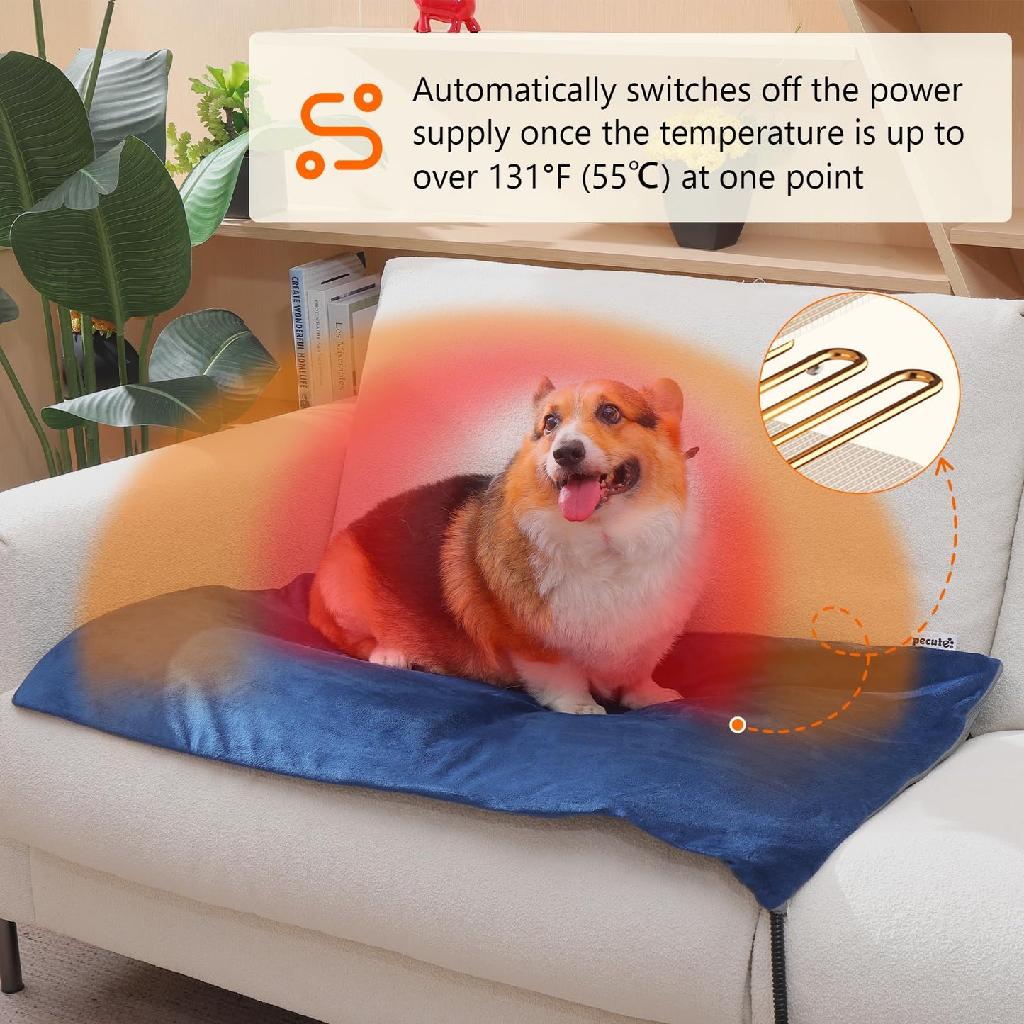Pecute Pet Heating Pad, Cat & Dog Heated Mat Indoor, Dog Heating Pad Safe, 6 Levels Temperature & Timing Adjustable Electric Pet Heating Blanket for Dogs Cats (L, 70x40cm)
