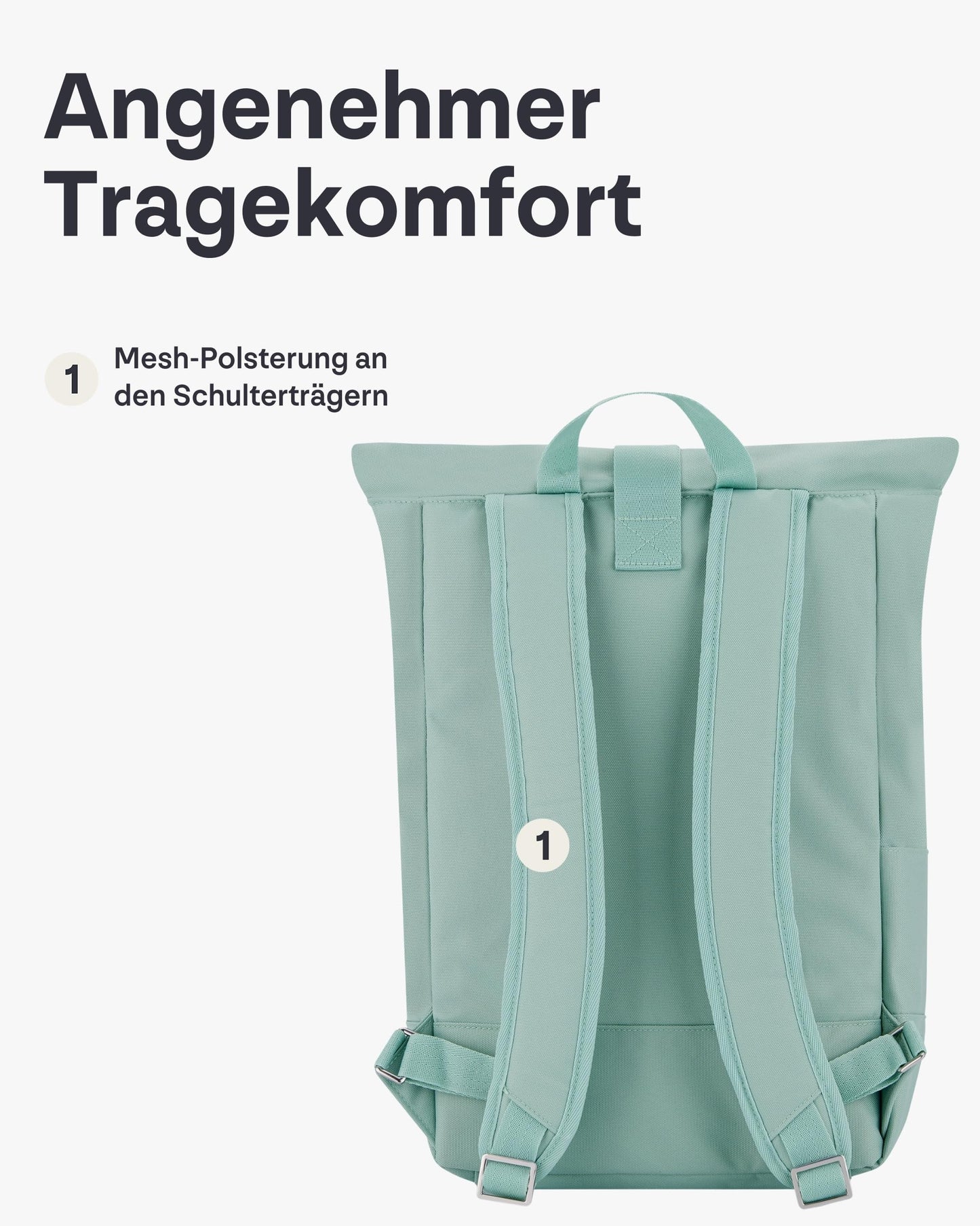 Johnny Urban backpack for women & men in mint color - Robin Medium - Rolltop design with laptop compartment for university, business, and cycling - 15L capacity - Sustainable and water repellent.