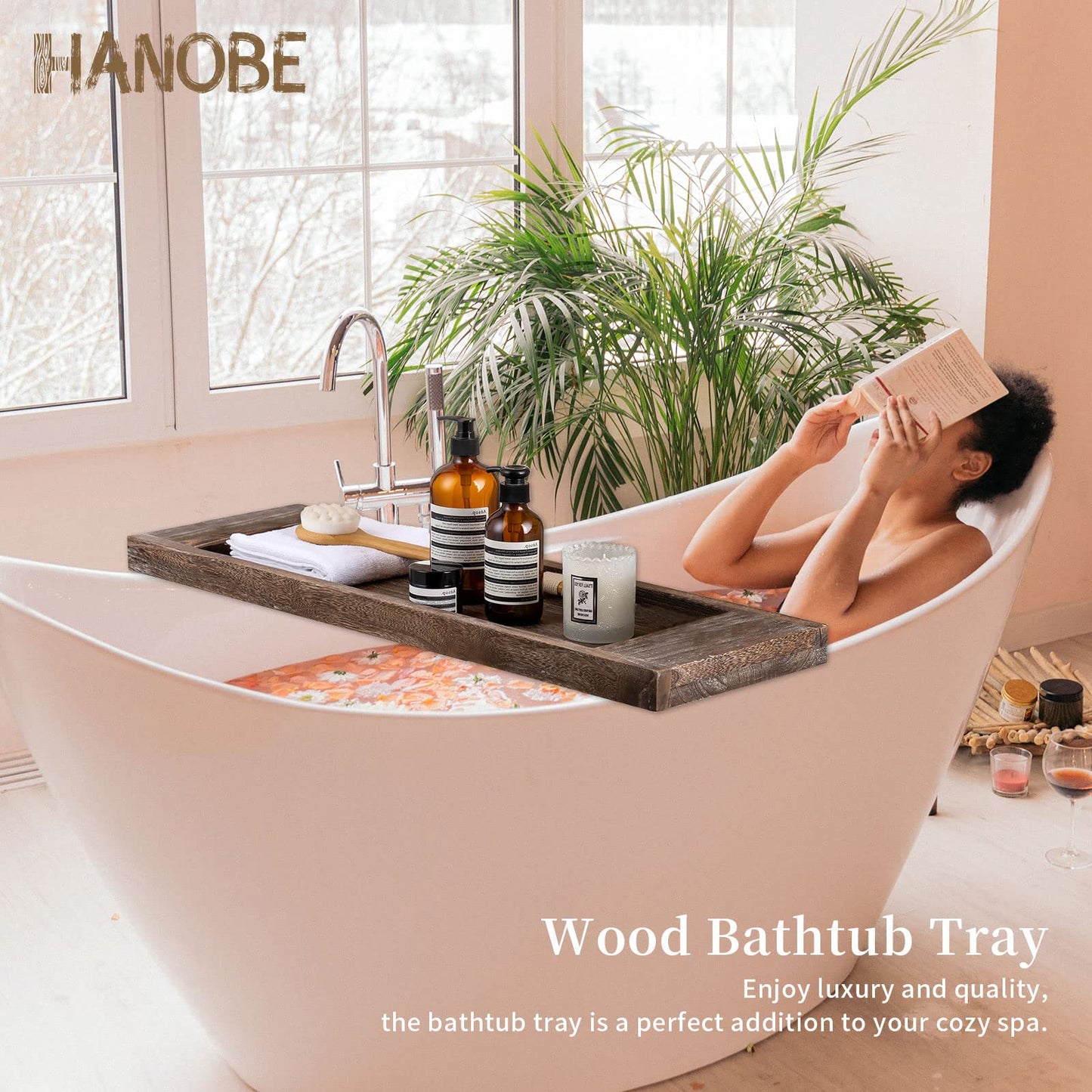 Hanobe Bathtub Tray Wooden Large: Rustic Bath Caddy Rectangular Extra Large Wood Tray Decor Bath Sofa Accessory Tray with Handle Bathtub Shelf for Tub 80cm.