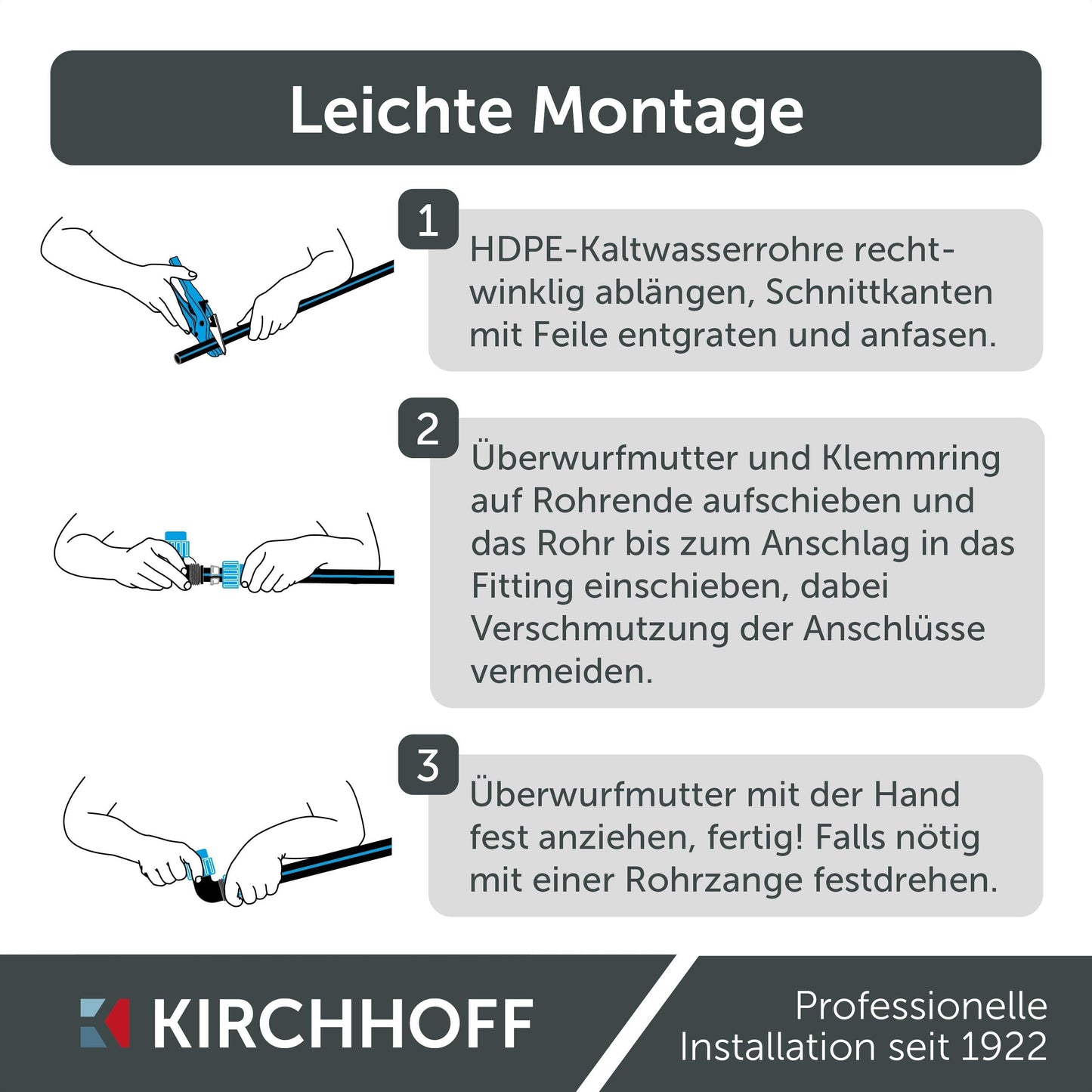 Kirchhoff Fitting Connection Angle 90° | Plastic | 25 x 25 mm | for HDPE pipe | 3 pieces in a set | Various sizes | DVGW certified | Drinking water quality | Made in EU, Black, 25 mm, 984845217-3