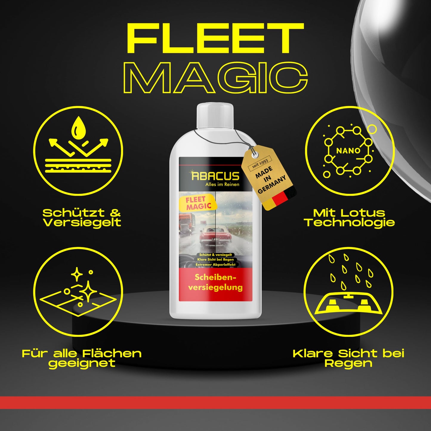 ABACUS® Fleet Magic® glass sealant for cars ensures clear visibility with its rain-repellent Lotus Effect. This nanocoating for glass offers protection against water and dirt, allowing for a crystal-clear view. Available in a pack of 2X 250 ml (7101).