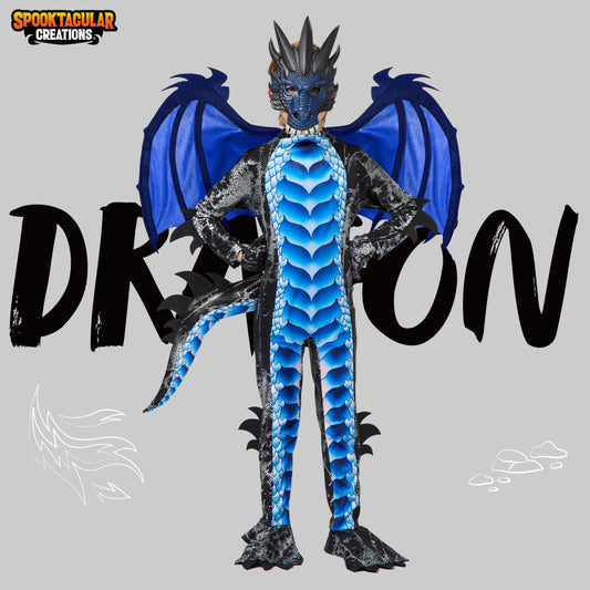 Spooktacular Creations Kids Boys Black and Blue Dragon Costume, Dragon Wings and Mask, Halloween Suit Dragon Outfit for Boys for Halloween Parties, Cosplay-L