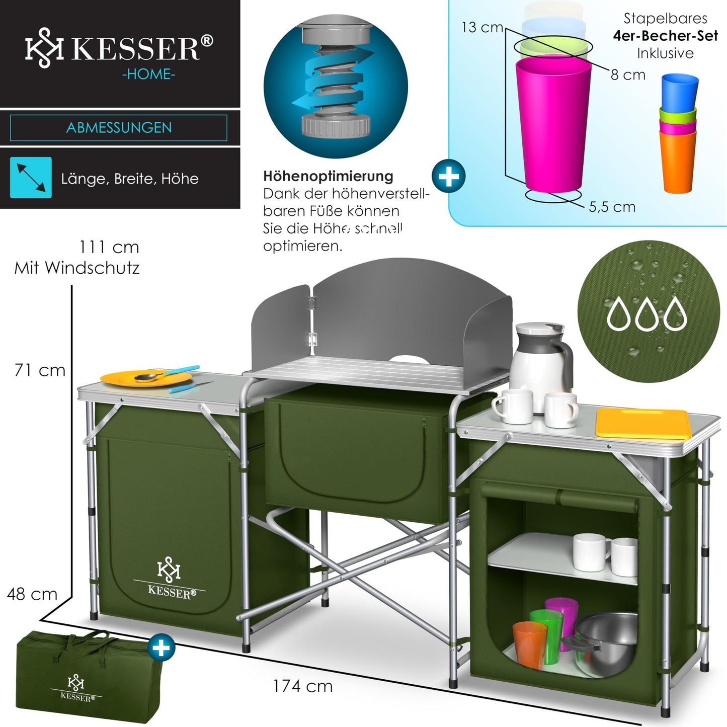 KESSERยฎ camping kitchen | Includes carrying bag & cup set | Folding camping cabinet | with aluminum frame | Travel kitchen | Kitchen box | Tent cabinet | Outdoor camping kitchen | Khaki | Type Big
