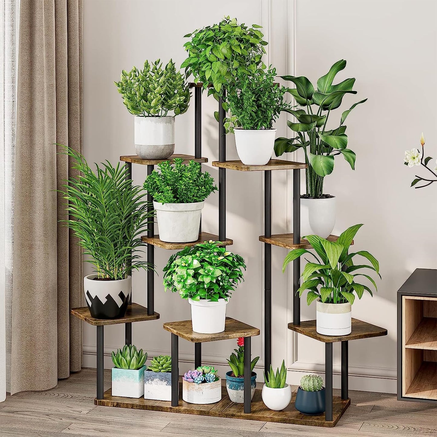 YOCOMEY 9-Tier Wooden Flower Rack Plant Stand, Multi-layered Flower Shelf Plant Holder Flower Bench Flower Stair Plant Stand for Indoor Garden Balcony Decoration (Black)