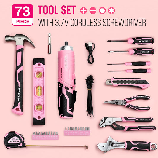 WORKPRO 73-piece Tool Set Pink with small cordless screwdriver, pink metal toolbox filled for household repairs with level, water pump pliers, a gift for mom DIYer.