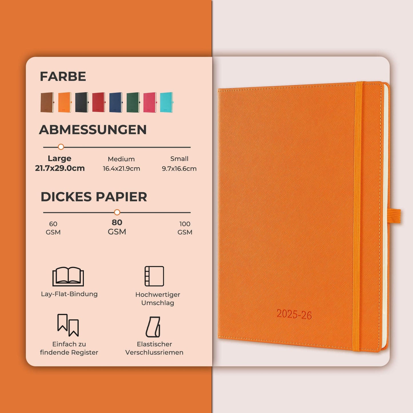 IN-LUXPRO Calendar 2025 2026 Weekly Planner, 18-Month Book Calendar (Jul.2025-Dec.2026) Monthly Calendar with Expense & Note Pages A4 (29 x 21.7 cm), with Vegan Leather & Note Pages, Orange Color.