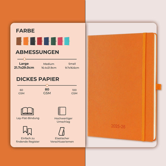 IN-LUXPRO Calendar 2025 2026 Weekly Planner, 18-Month Book Calendar (Jul.2025-Dec.2026) Monthly Calendar with Expense & Note Pages A4 (29 x 21.7 cm), with Vegan Leather & Note Pages, Orange Color.