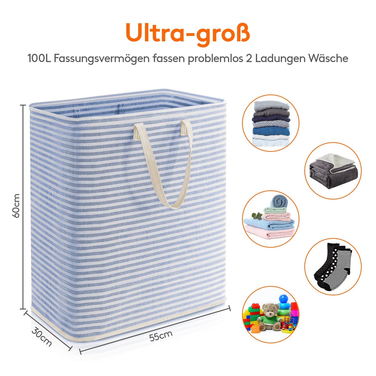 Lifewit 100L Laundry Basket, Large Laundry Hamper, Foldable Laundry Box, Laundry Sorter, Waterproof Clothes Organizer, Storage Box with Handles for Clothes, Towels, Toys, Blue