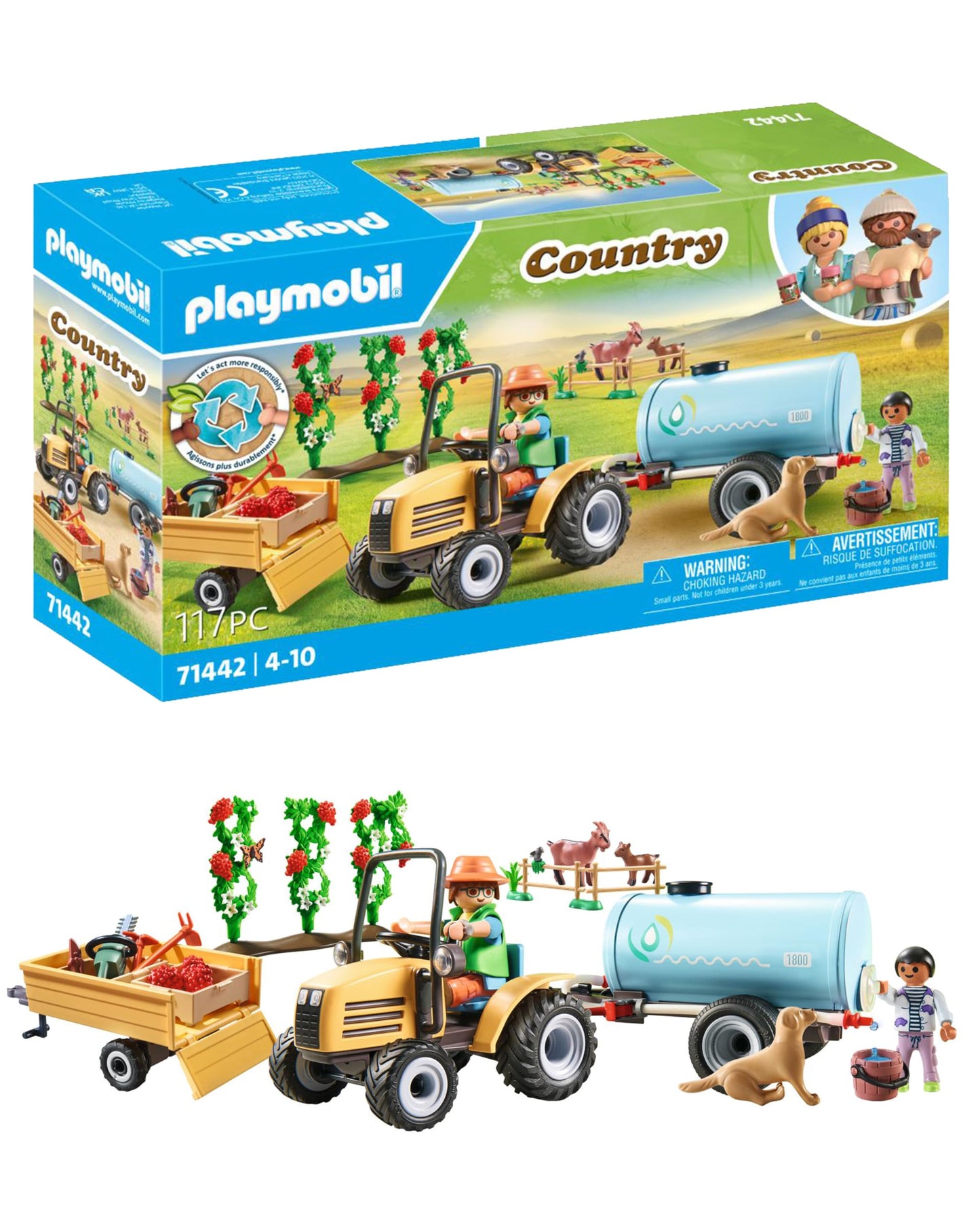 PLAYMOBIL Country 71442 Tractor with Trailer and Water Tank, fresh harvest on the farm, playful learning about the environment, sustainable toy for children ages 4 and up.