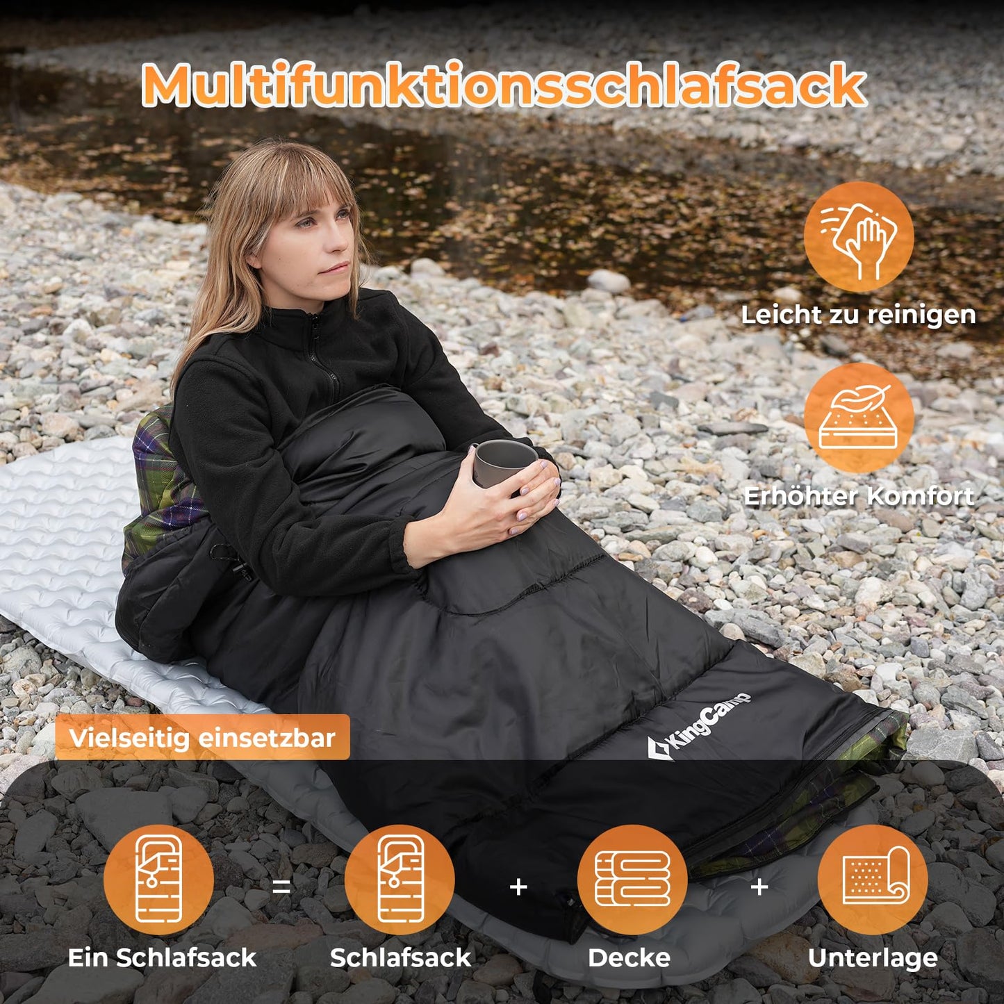 KingCamp sleeping bag, versatile and fully expandable outdoor sleeping bag with cotton-touch-print lining, lightweight and water-resistant, perfect for camping and outdoor activities. (Gray L Zip, 220×75cm)